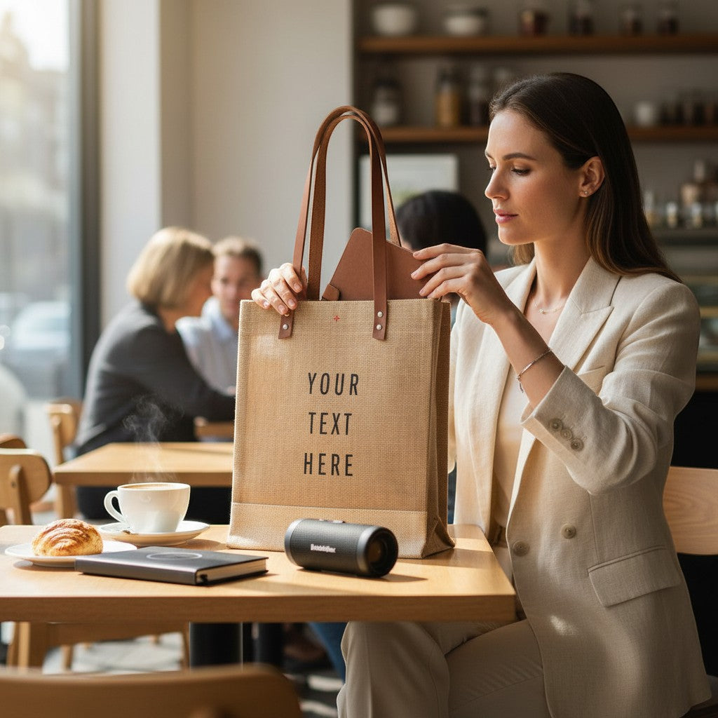 BirdieBox personalized natural jute tote bag with leather handles, featuring custom text. Woman in beige suit holds bag at cafe table.