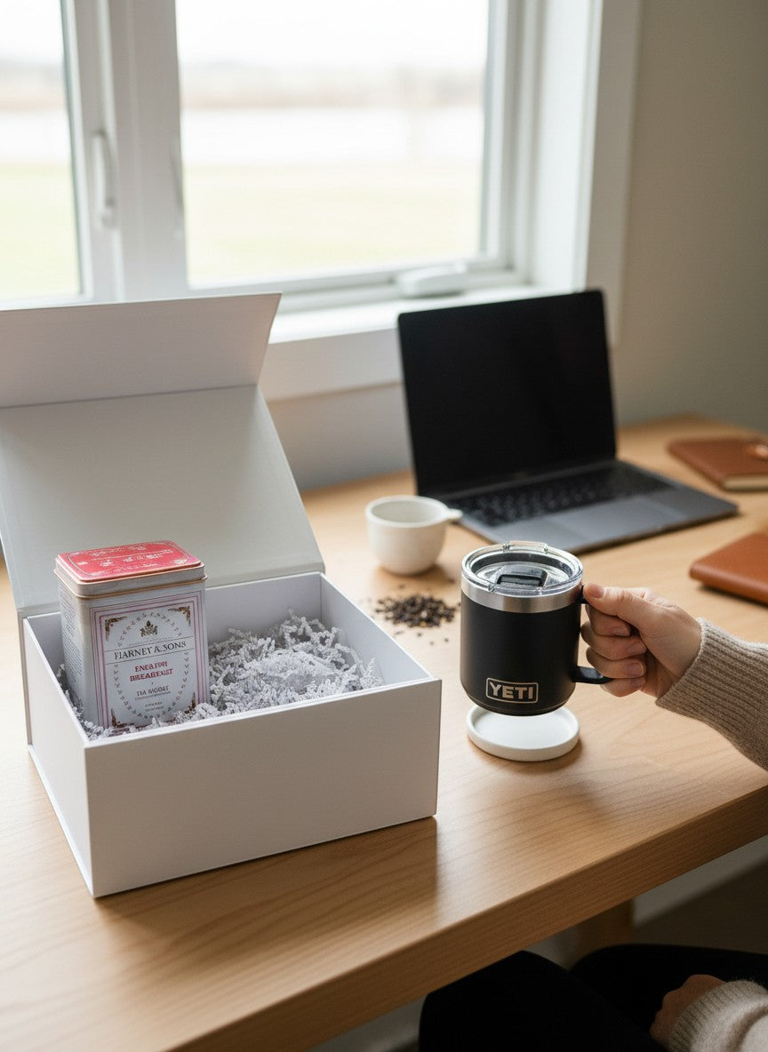 BirdieBox Me Time Tea Time gift set with a white box, English Breakfast tea, and a black YETI mug on a desk.