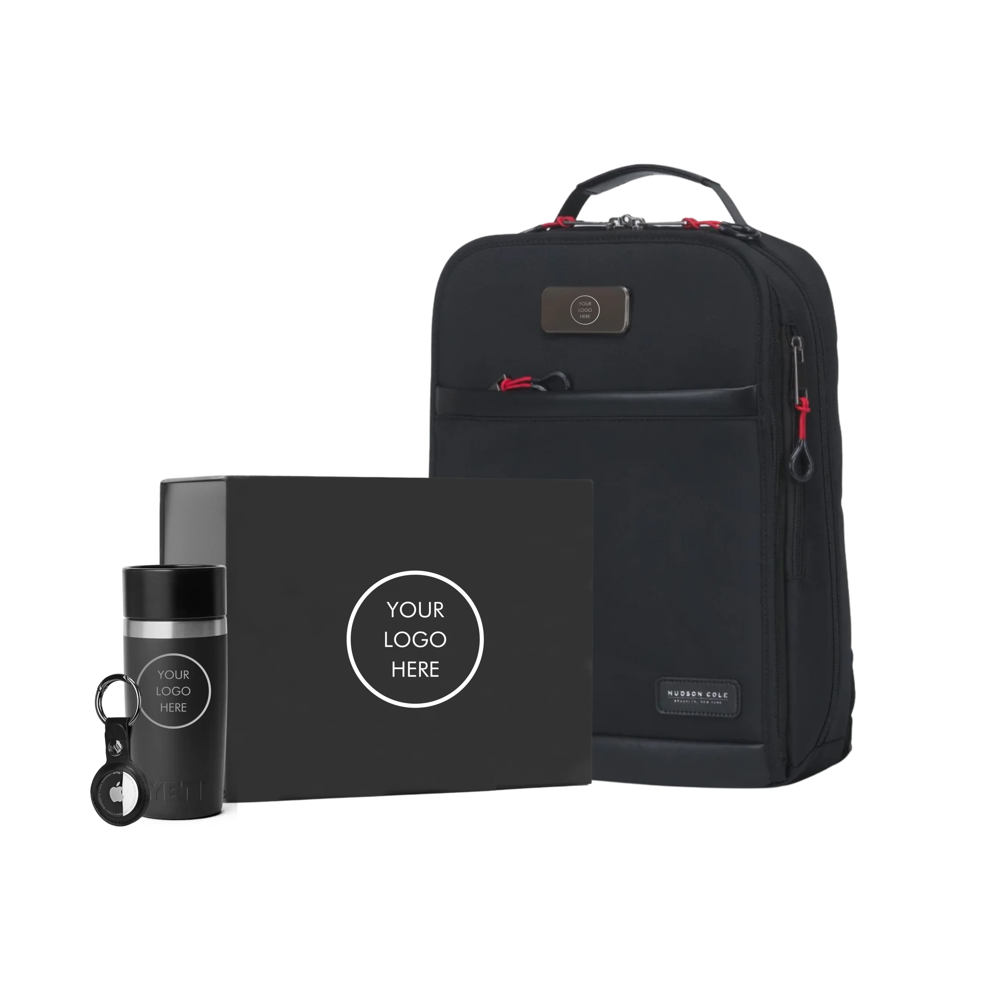 BirdieBox Track & Travel Bundle: black backpack, travel mug, tracking tag, and gift box. Ideal for travel and daily use.