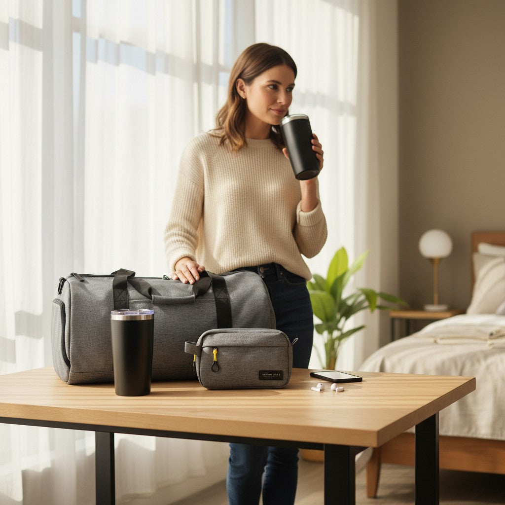BirdieBox Travel Like a Pro Gift Set: grey duffel bag, dopp kit, and black tumbler.