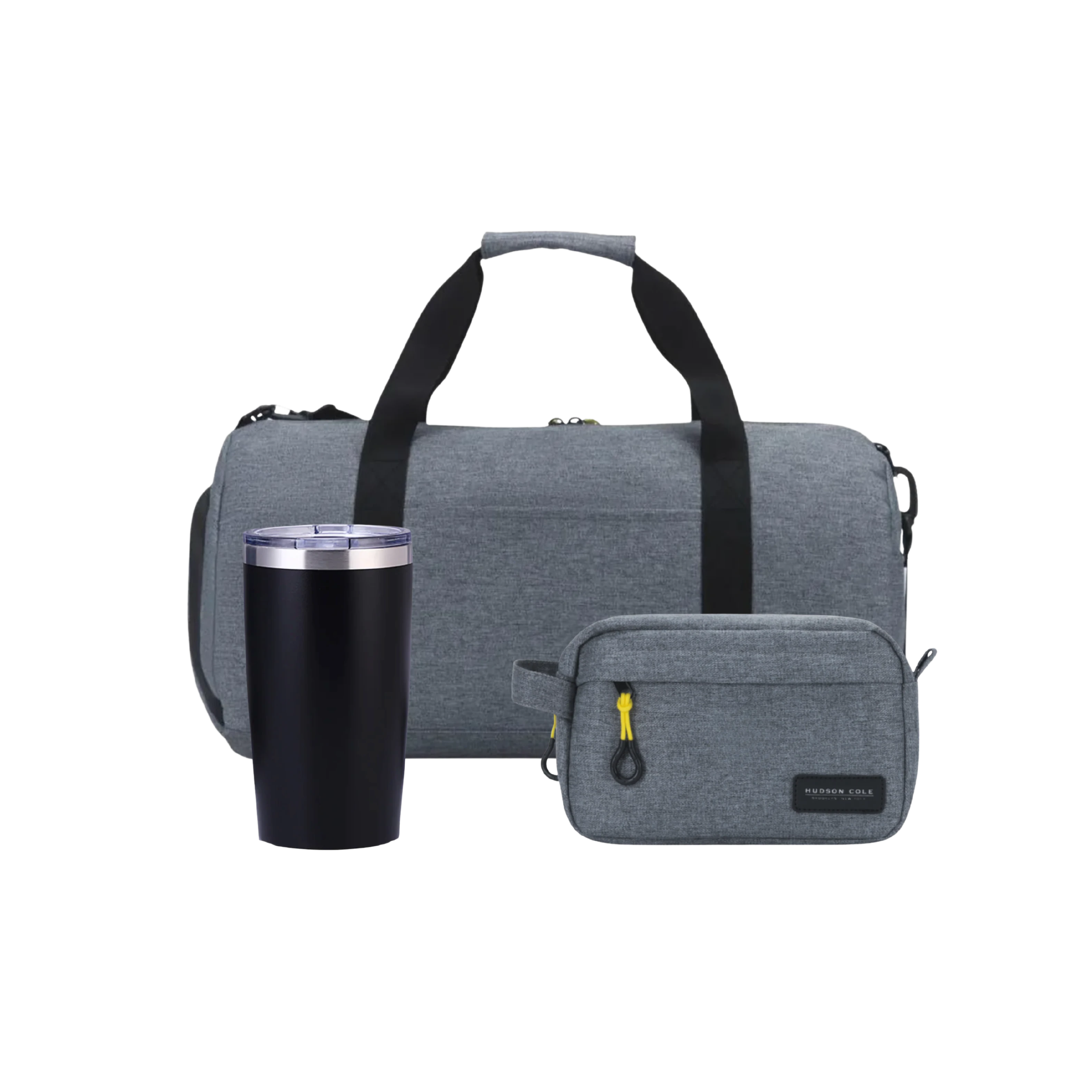 BirdieBox Travel Like a Pro Gift Set: grey duffel bag, dopp kit, and black tumbler.