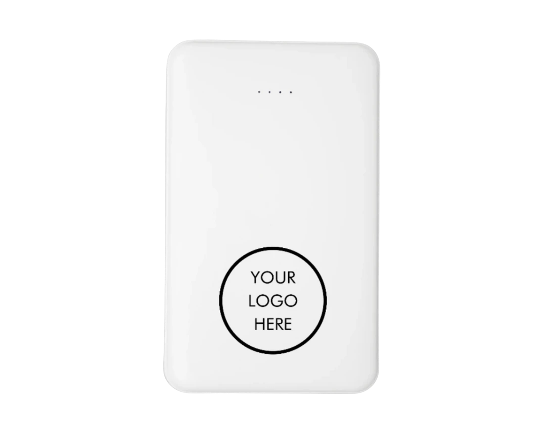 BirdieBox white 5000 MAH polymer powerbank with battery indicator lights and customizable logo area.