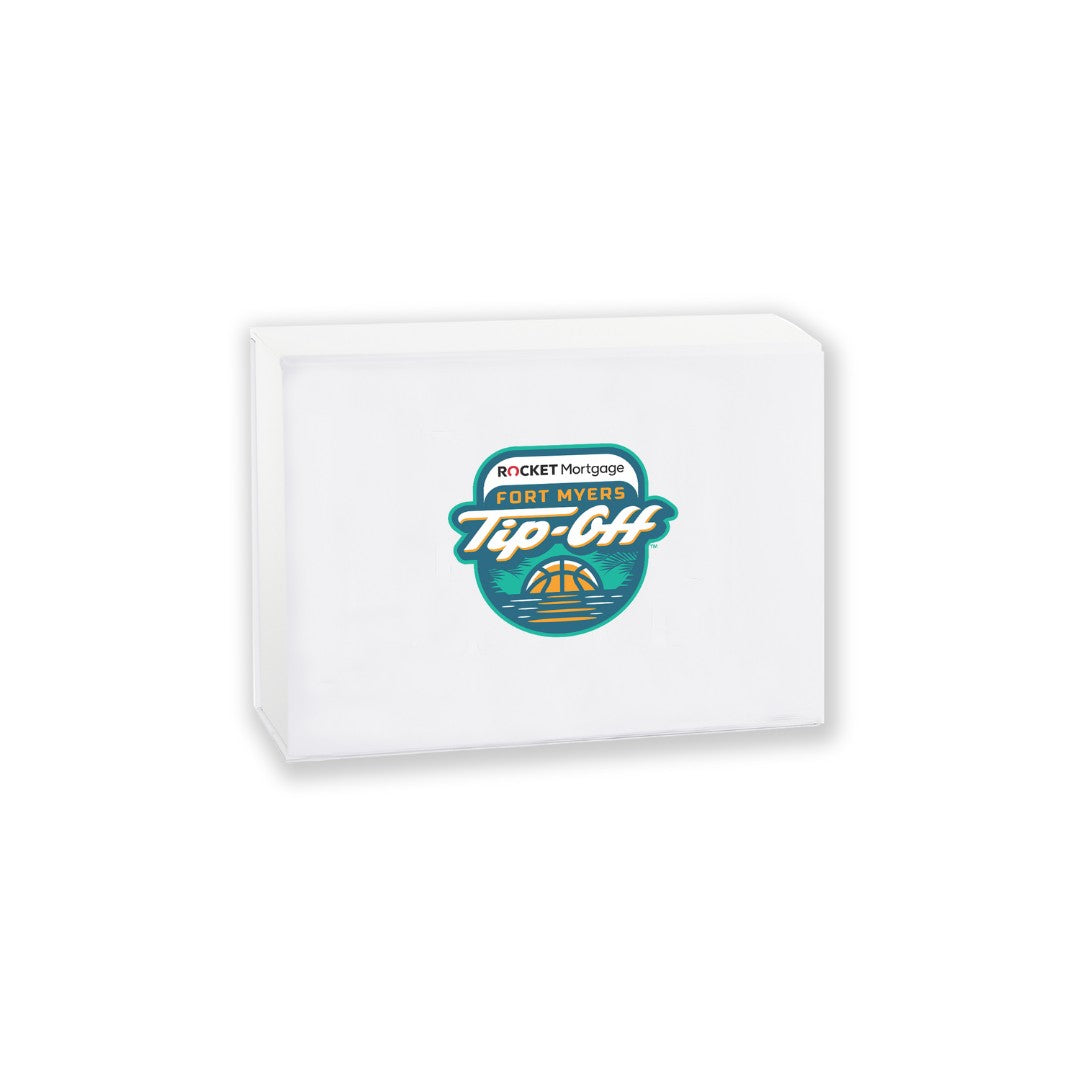 BirdieBox small white soft touch collapsible box with Rocket Mortgage Fort Myers Tip-Off logo
