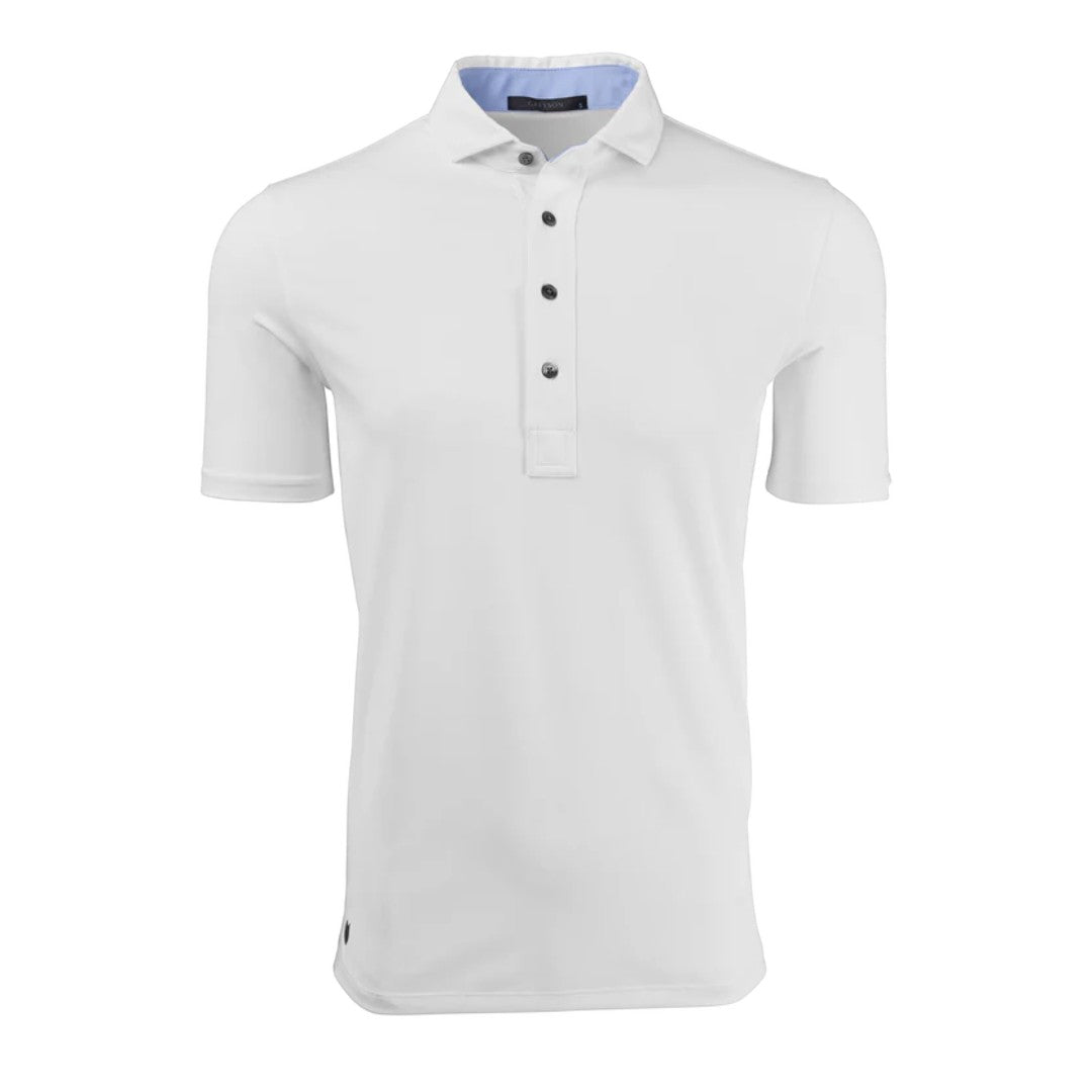 BirdieBox Greyson white short sleeve golf polo with blue interior collar and black buttons. Polyester-spandex blend.