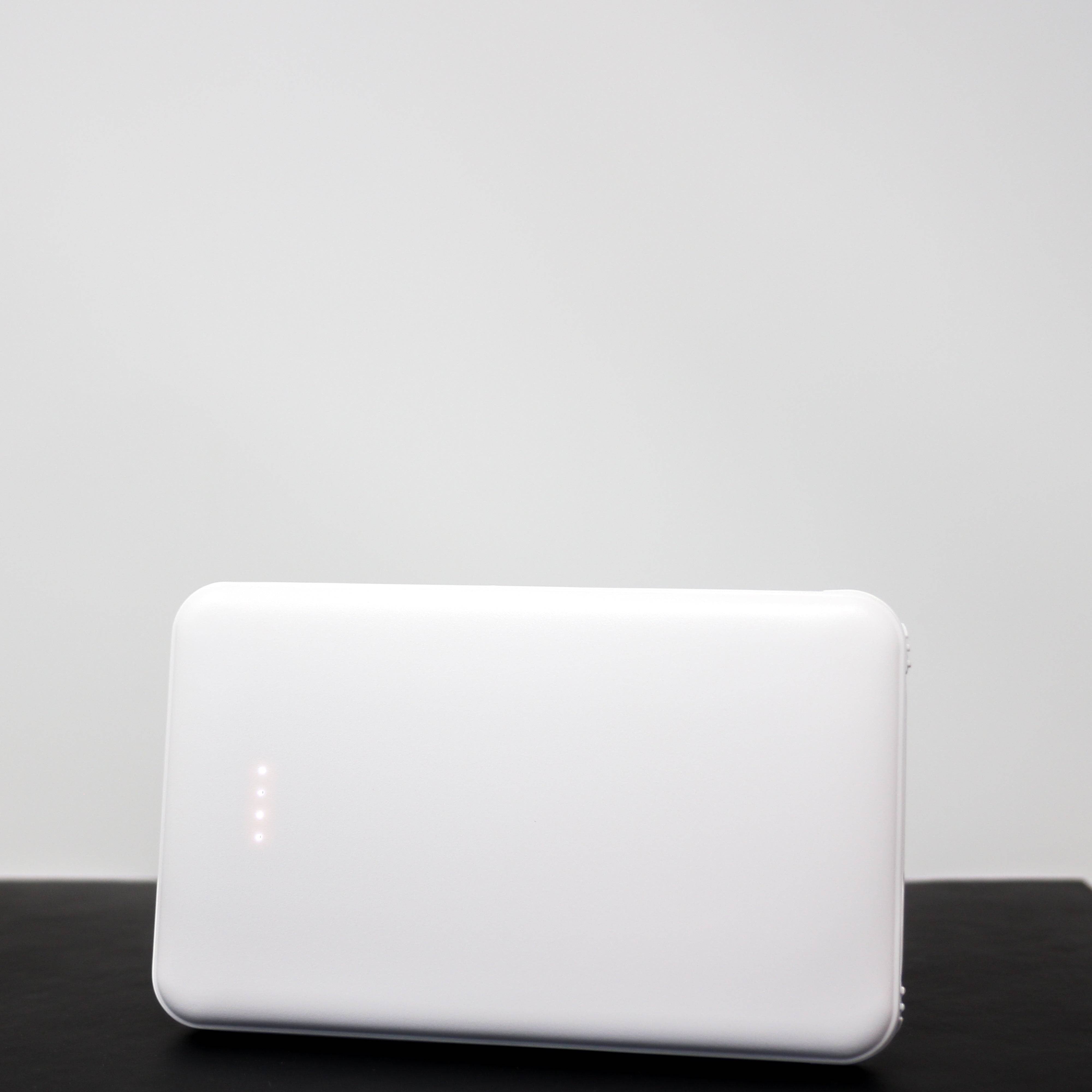 BirdieBox BBTEK 5000 MAH white polymer powerbank with battery indicator lights, thin and portable.