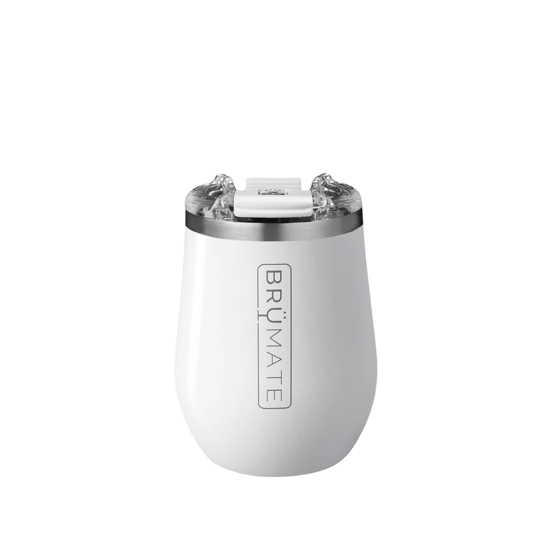 BirdieBox white 14oz insulated XL wine tumbler with clear lid and silver rim. Brumate Uncork'd XL.
