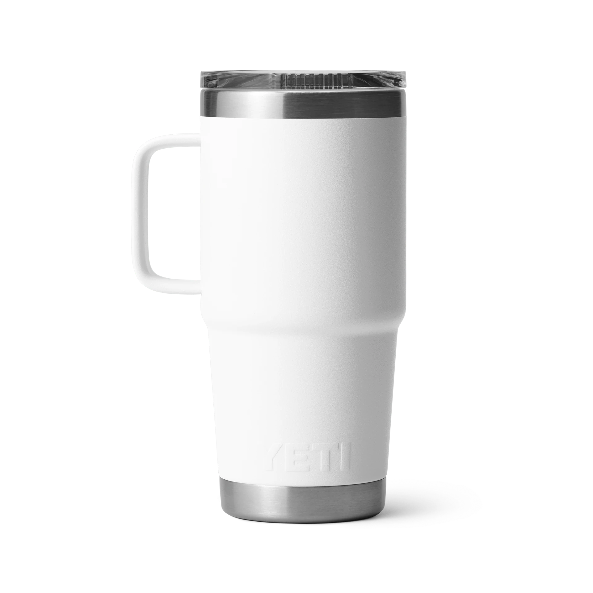 BirdieBox YETI Rambler 20 oz white travel mug with handle, stainless steel base, and clear lid. Cup holder compatible.