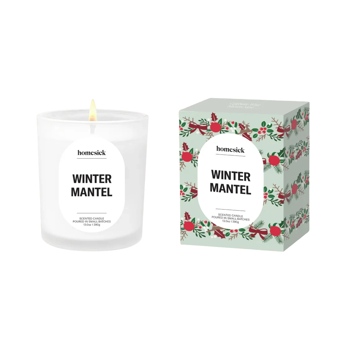 BirdieBox Homesick Winter Mantel scented candle in a white frosted glass jar with a festive holiday design box.