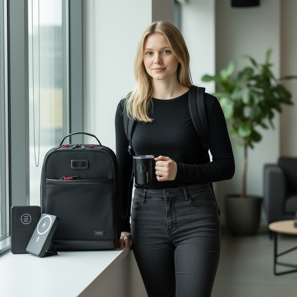 BirdieBox Ready for Work Gift Set: black backpack, matte black mug, and power bank displayed with a woman.