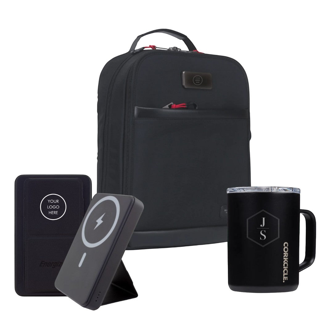 BirdieBox Ready for Work Gift Set: black backpack, matte black Corkcicle mug with initials, and black wireless power bank.