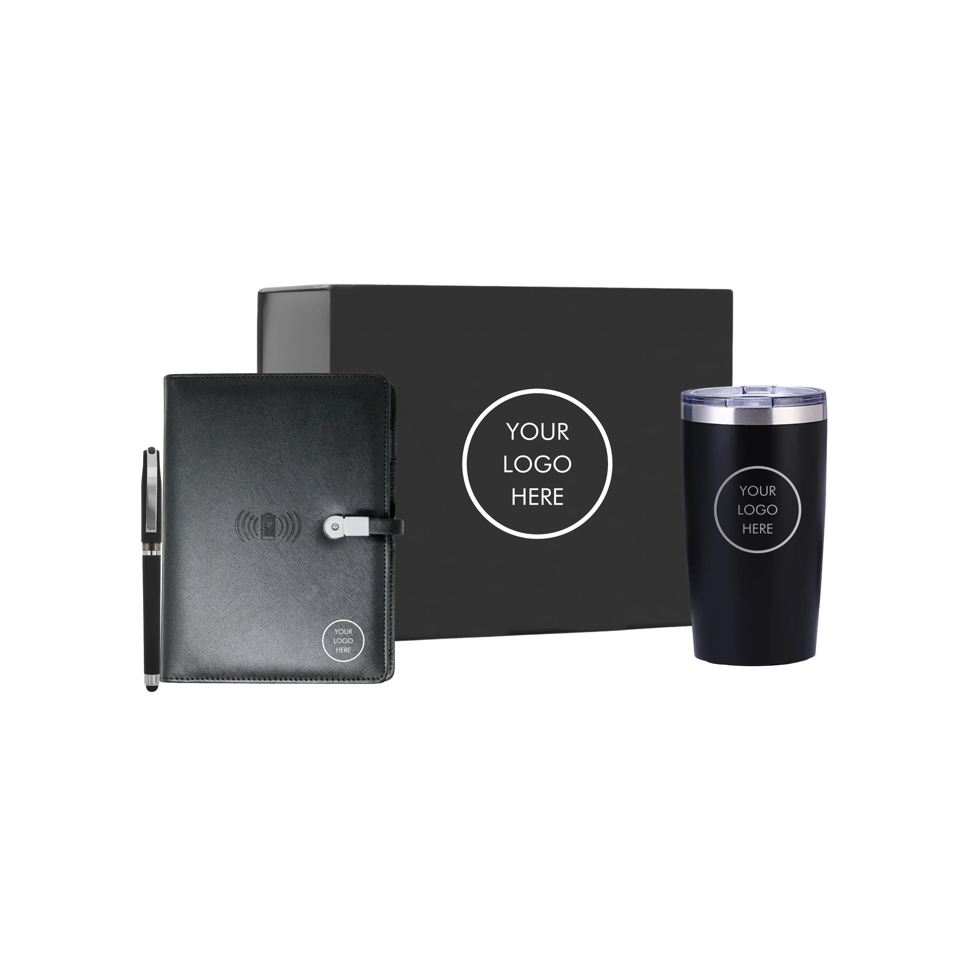 BirdieBox Workday Pro Set: black wireless-charging notebook with pen and tumbler, ideal for professionals.