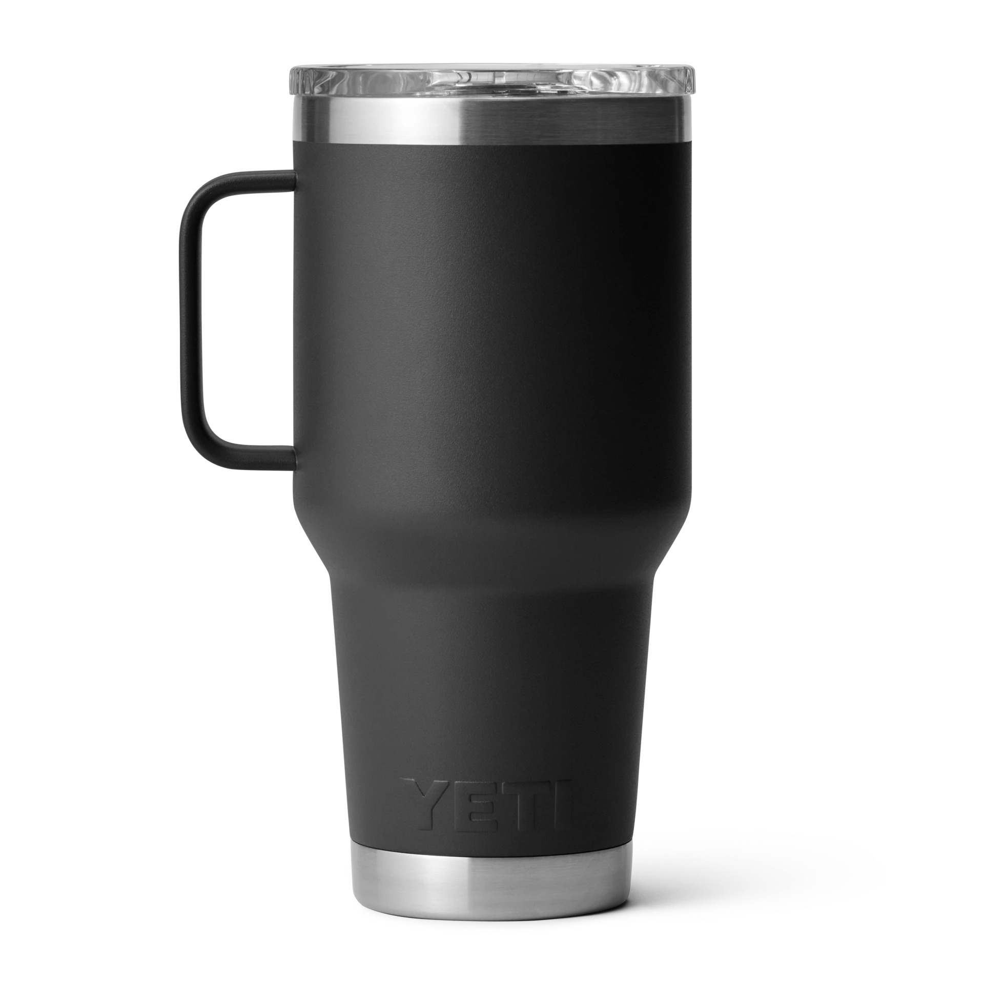 BirdieBox YETI Rambler 30 oz black stainless steel travel mug with handle, leak-resistant lid, and cup holder compatibility.