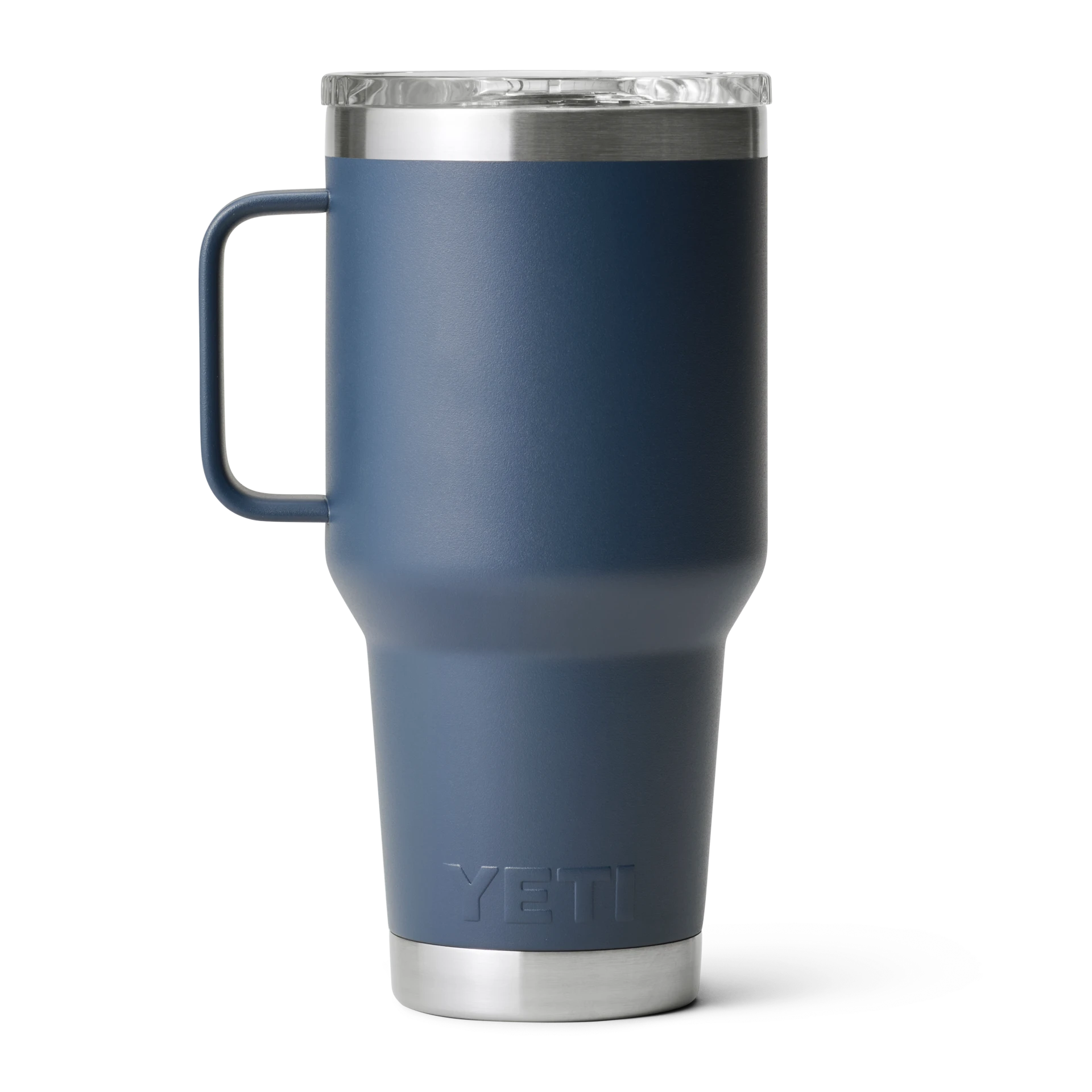 BirdieBox YETI Rambler 30 oz navy blue stainless steel travel mug with handle and clear lid.