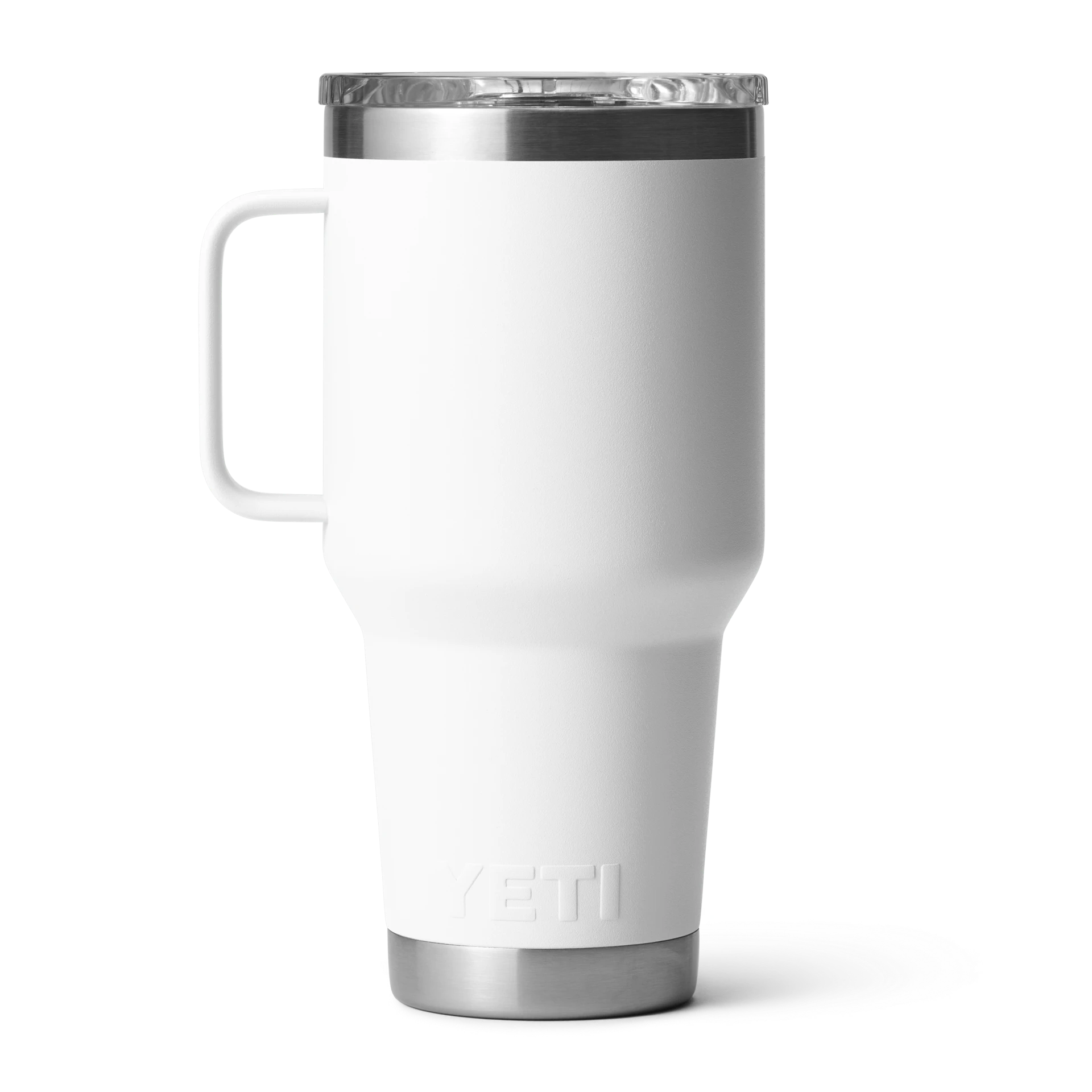 BirdieBox YETI Rambler 30 oz white stainless steel travel mug with handle and clear lid, cup holder compatible and leak resistant.