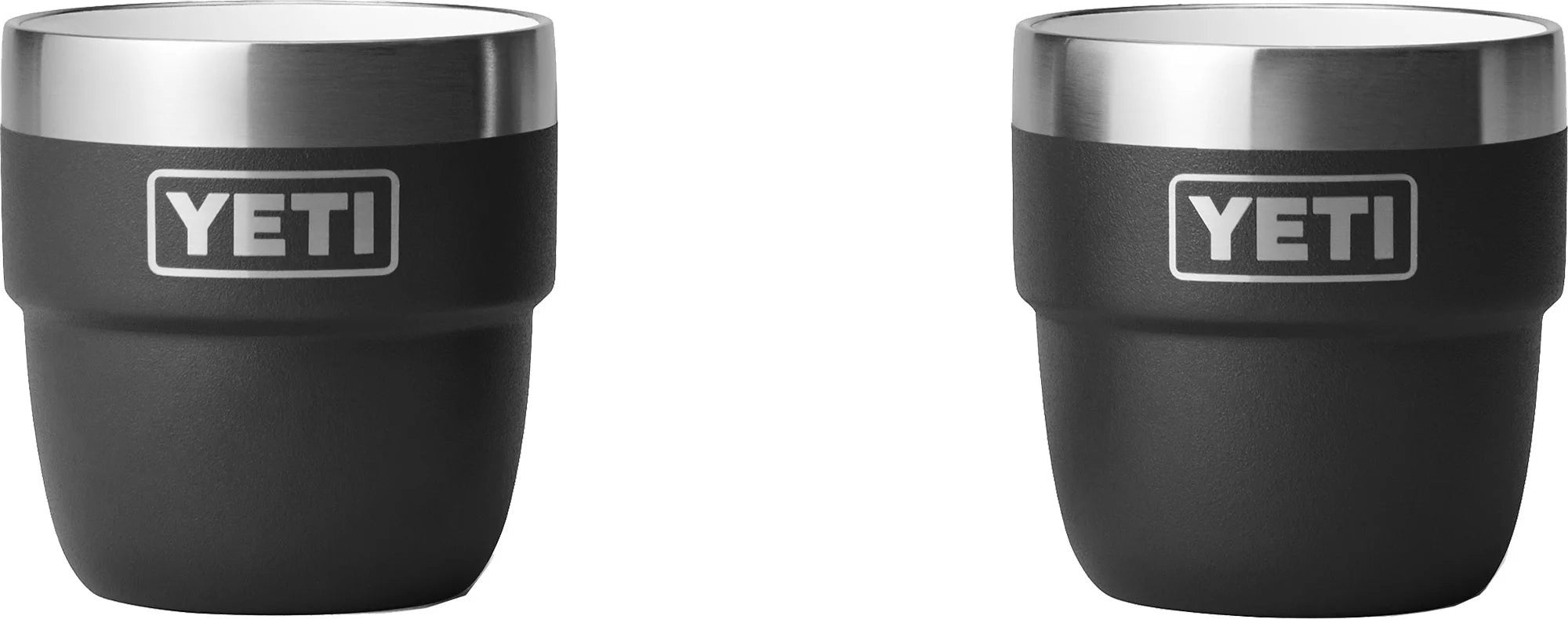 BirdieBox YETI Rambler 4 oz stackable espresso cups in black, featuring DuraSip™ Ceramic Lining and a stainless steel rim. Pack of two.
