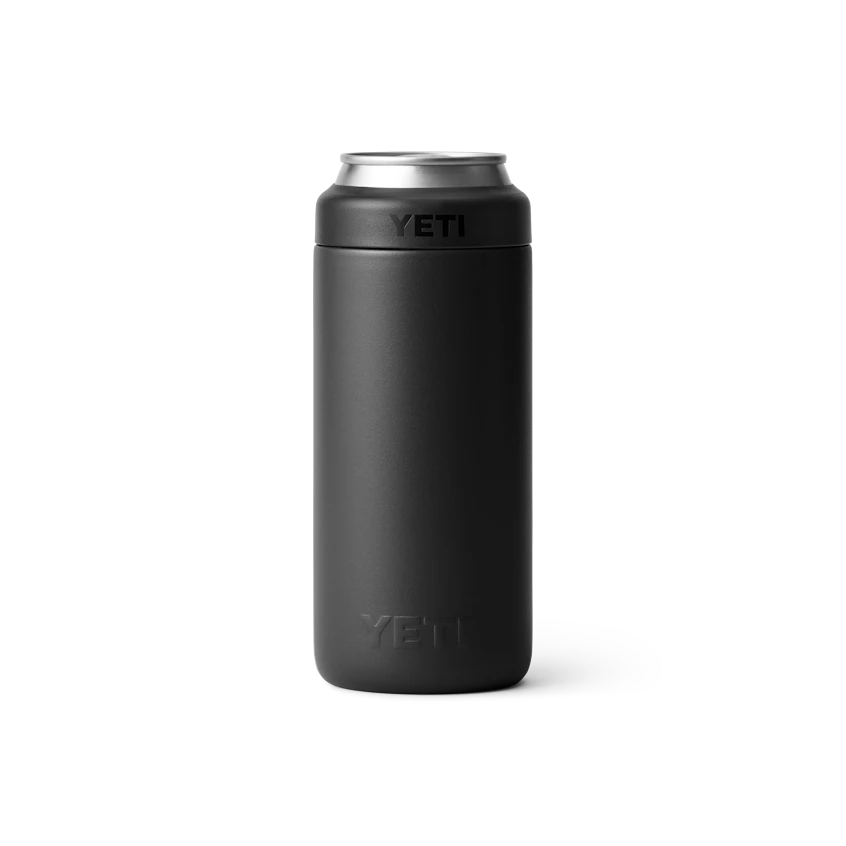 BirdieBox YETI Rambler 12 oz black slim can cooler with no sweat design and quick turn gasket.