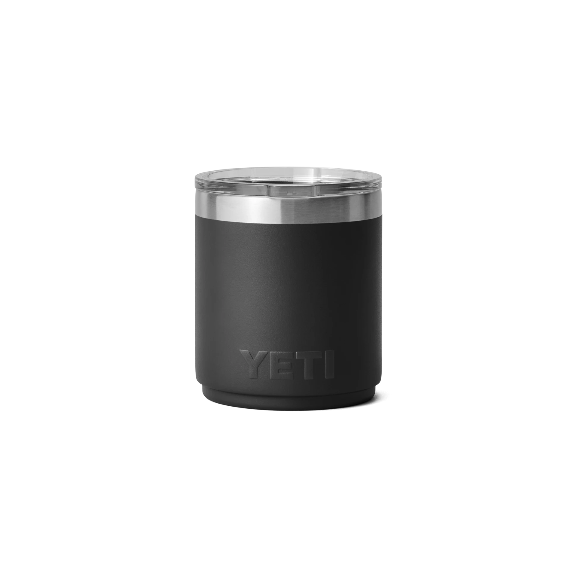 BirdieBox YETI Rambler 10 oz black lowball tumbler with stainless steel rim and clear lid. Stackable and dishwasher safe.