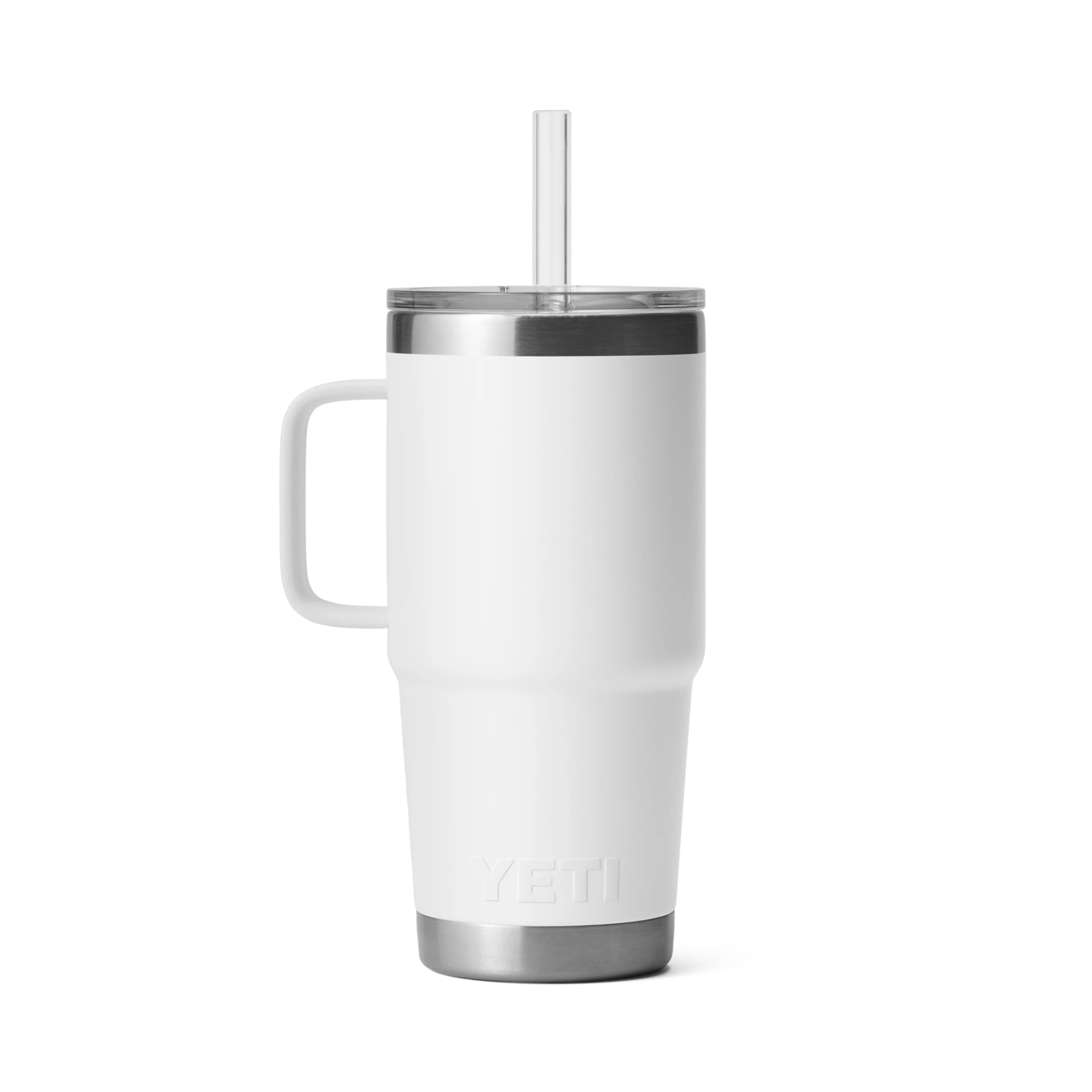 BirdieBox YETI Rambler 25 oz white stainless steel insulated mug with straw lid and handle.
