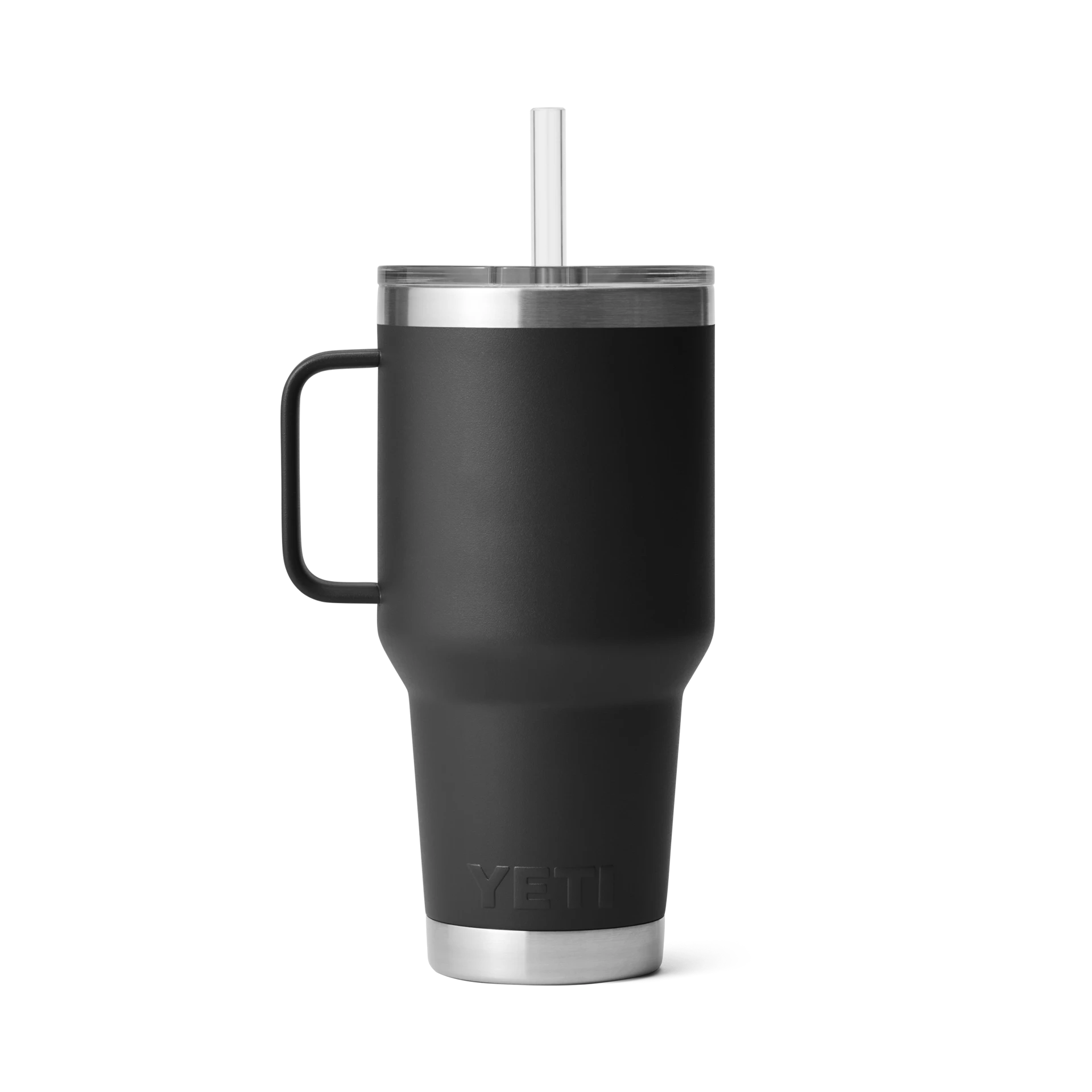 BirdieBox YETI Rambler 35 oz black matte stainless steel mug with handle and straw lid, double wall vacuum insulated.