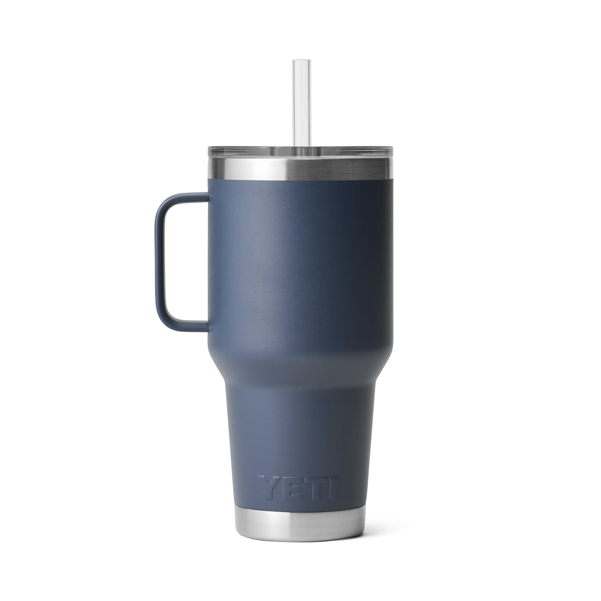BirdieBox YETI Rambler 35 oz navy blue insulated mug with handle and white straw. Stainless steel base.