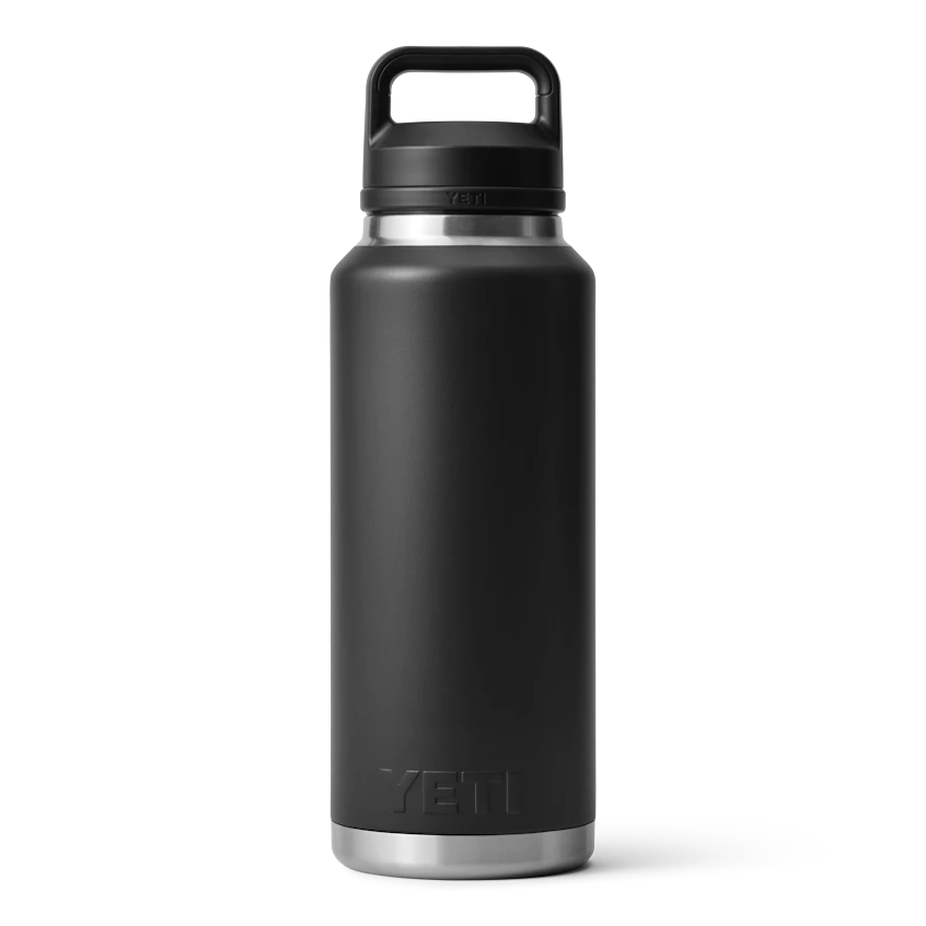BirdieBox YETI Rambler 46 oz black stainless steel water bottle with chug cap and handle. Double-wall vacuum insulated.
