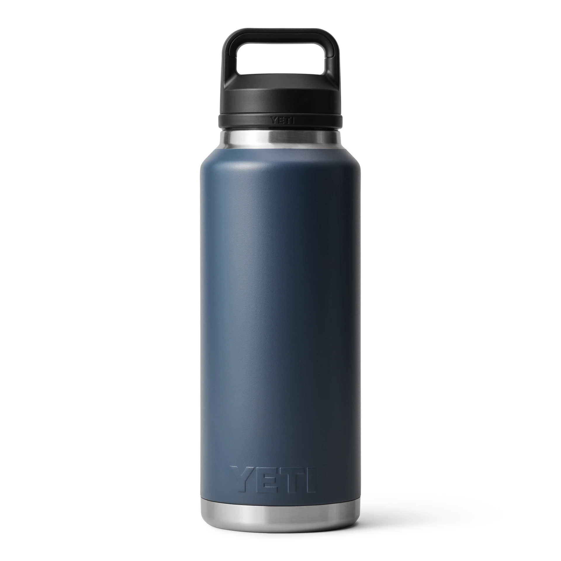 BirdieBox YETI Rambler 46 oz navy blue stainless steel water bottle with black chug cap and handle. Double-wall vacuum insulated for all-day hydration.