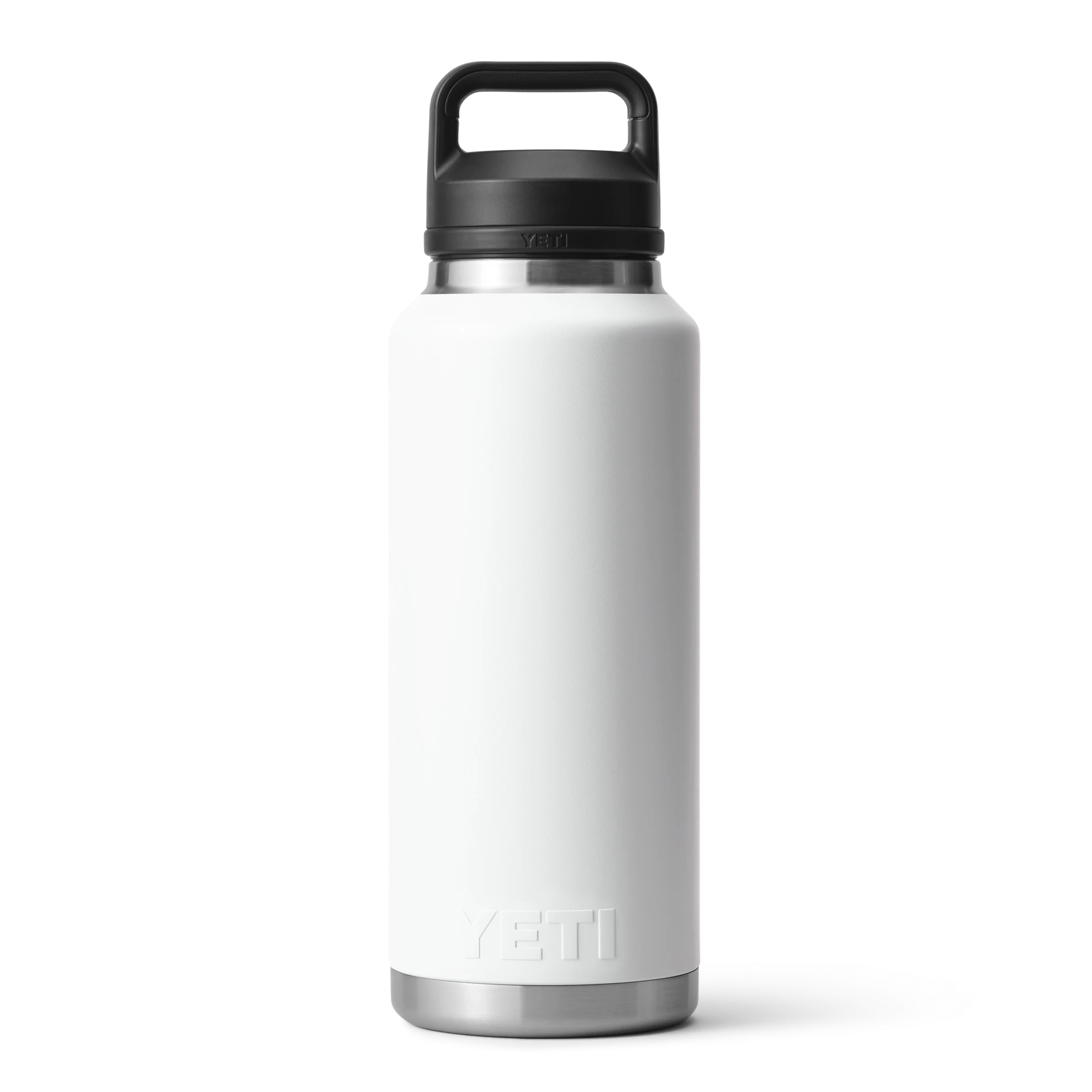 BirdieBox YETI Rambler 46 oz white stainless steel water bottle with black chug cap and handle.