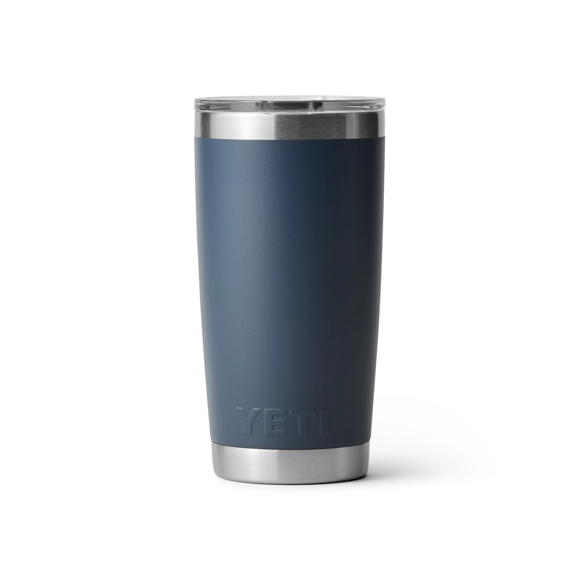 BirdieBox YETI Rambler navy blue stainless steel insulated tumbler with lid, 20 oz capacity.
