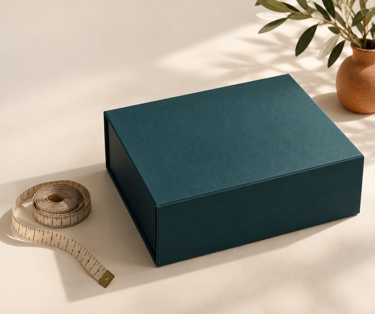 A closed deep teal BirdieBox gift box beside a coiled cloth tape measure, illustrating how corporate gift value limits are measured.