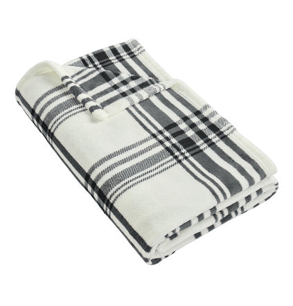 Plaid blanket with black and gray stripes on a white background