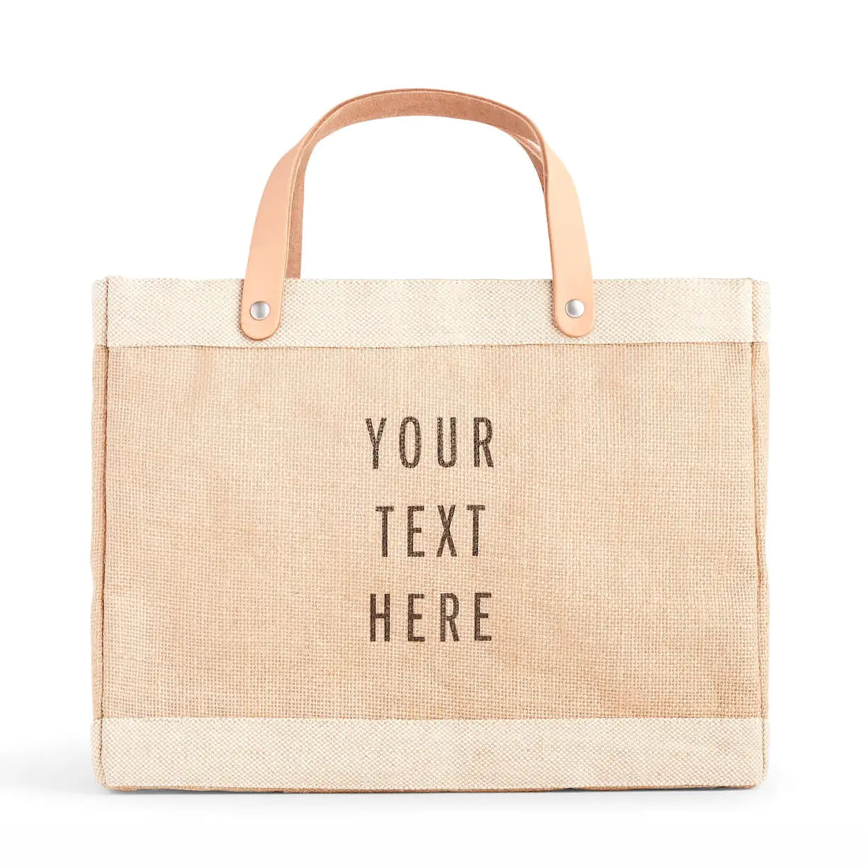 Beige tote bag with 'Your Text Here' text on a white background