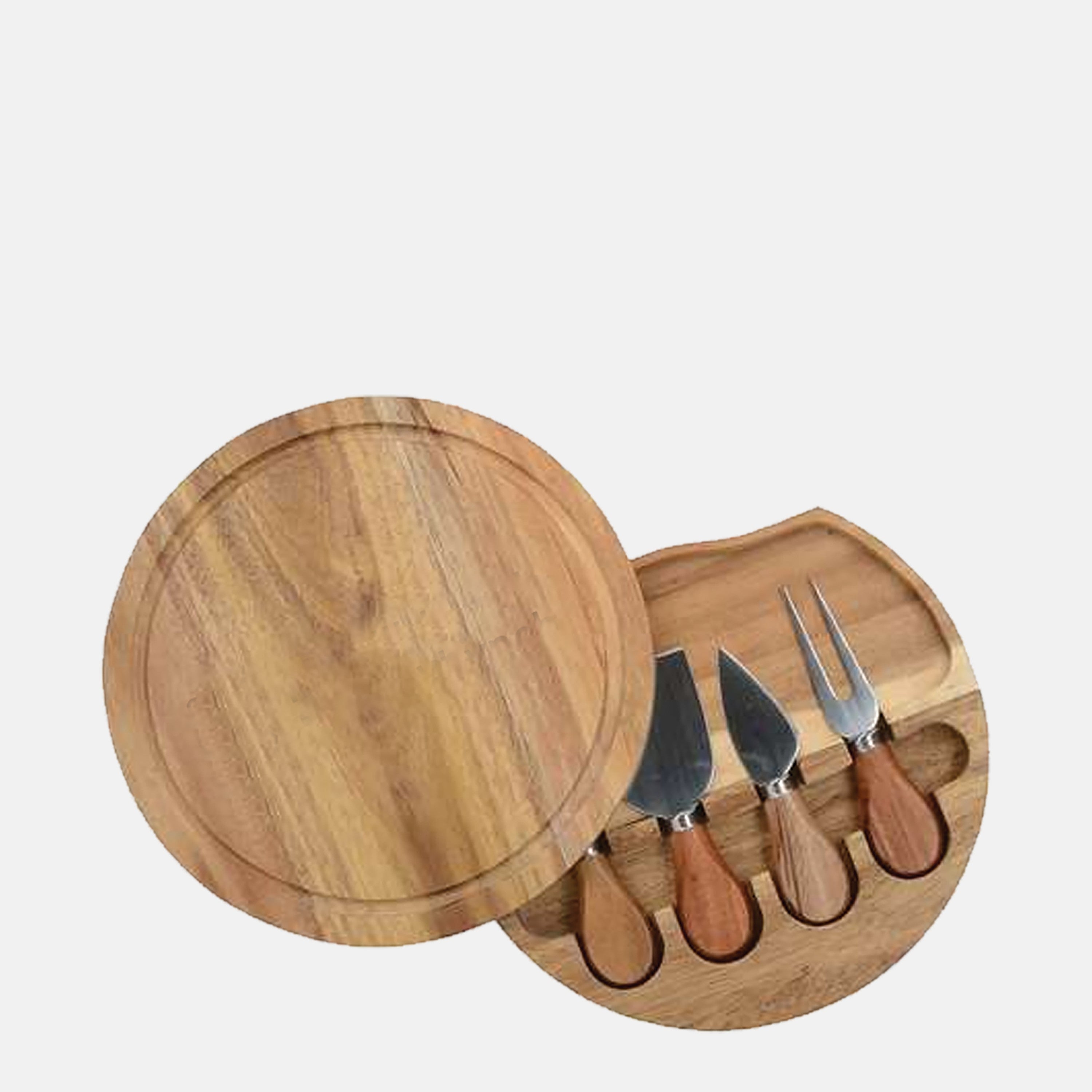 BirdieBox Old Tymes bamboo 8-inch round cheese board with swivel-connected box and four stainless steel cheese tools.