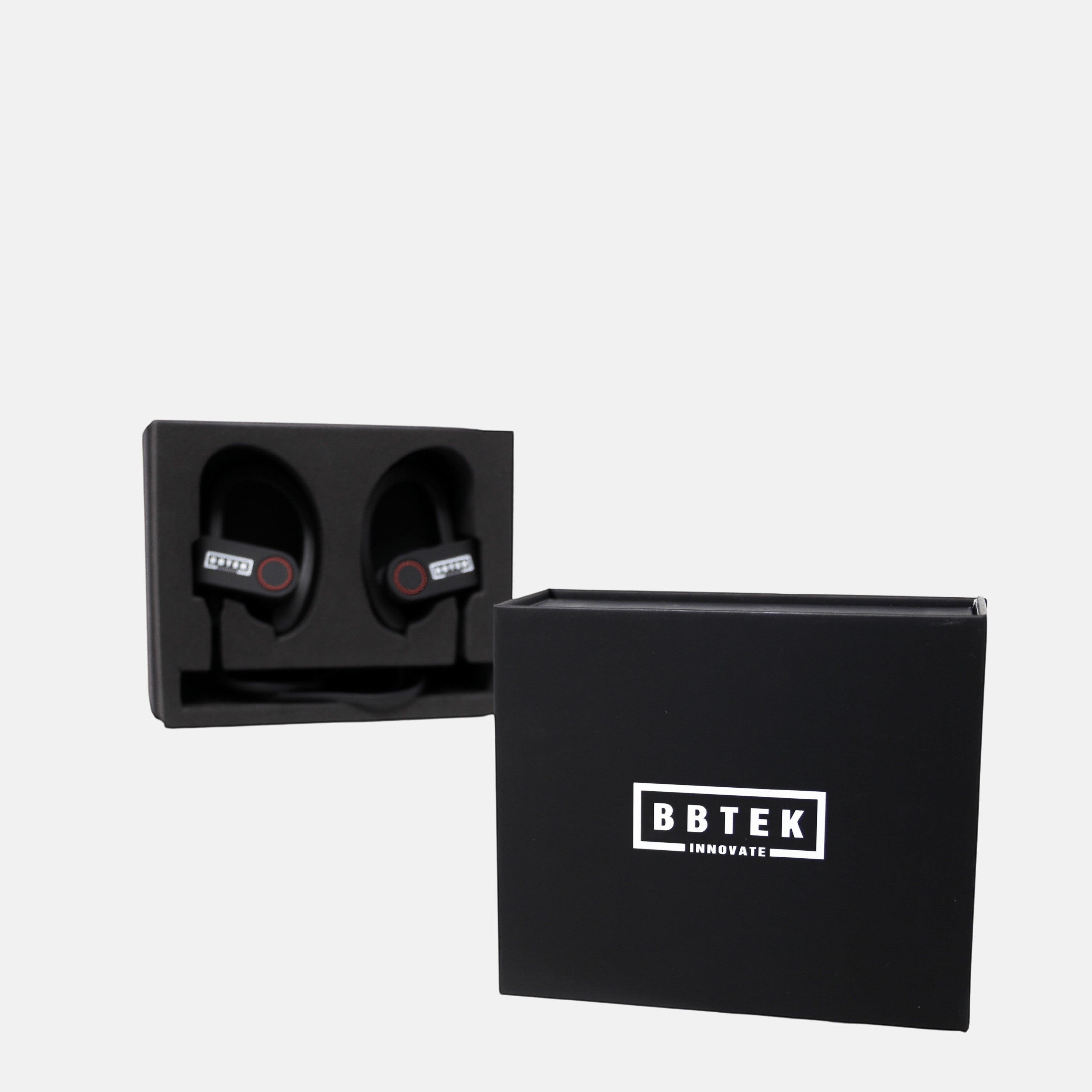 BirdieBox BBTEK black wireless earbuds with red accents, displayed in a black case next to the BBTEK branded box.