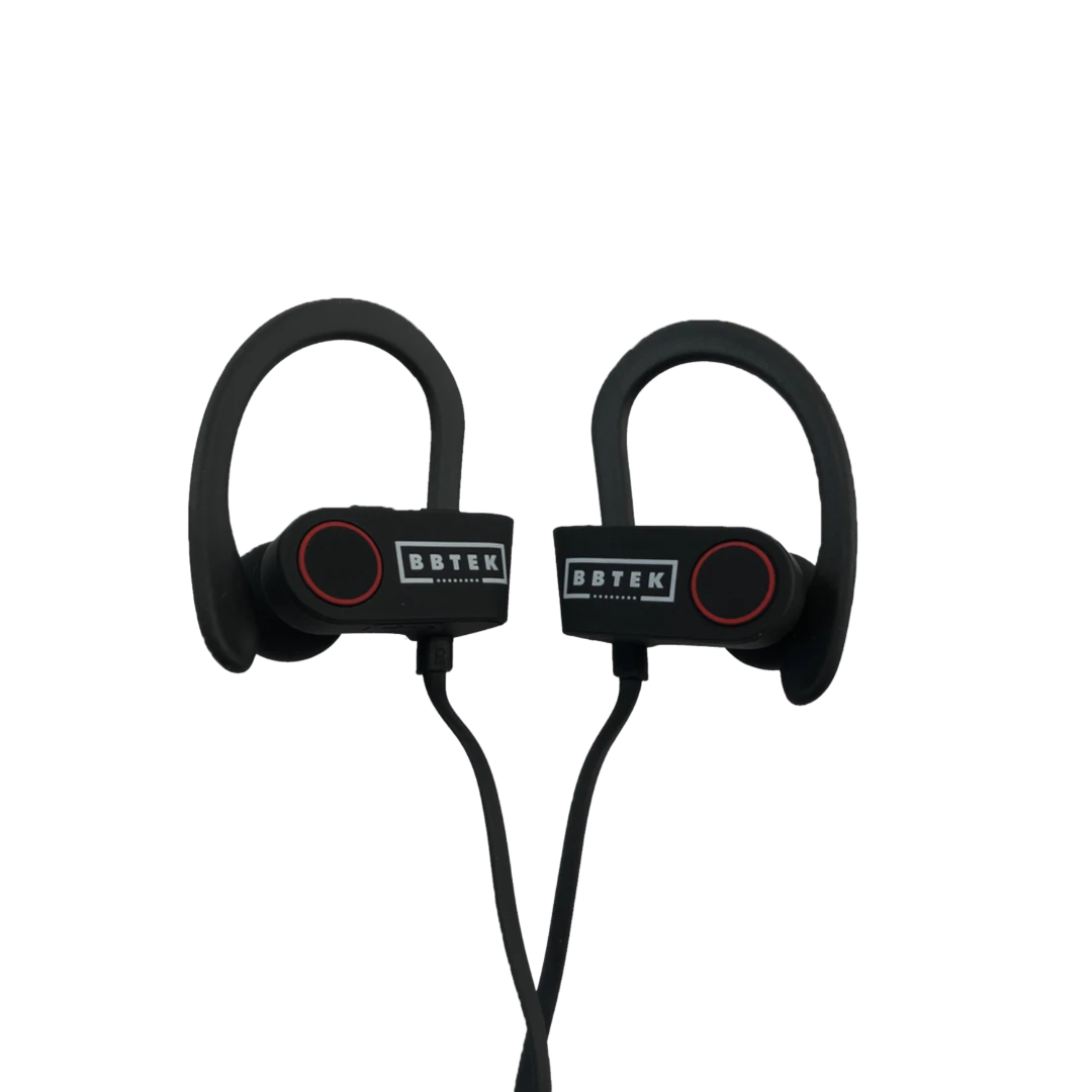 BirdieBox BBTEK black wireless earbuds with red accents and ear hooks.