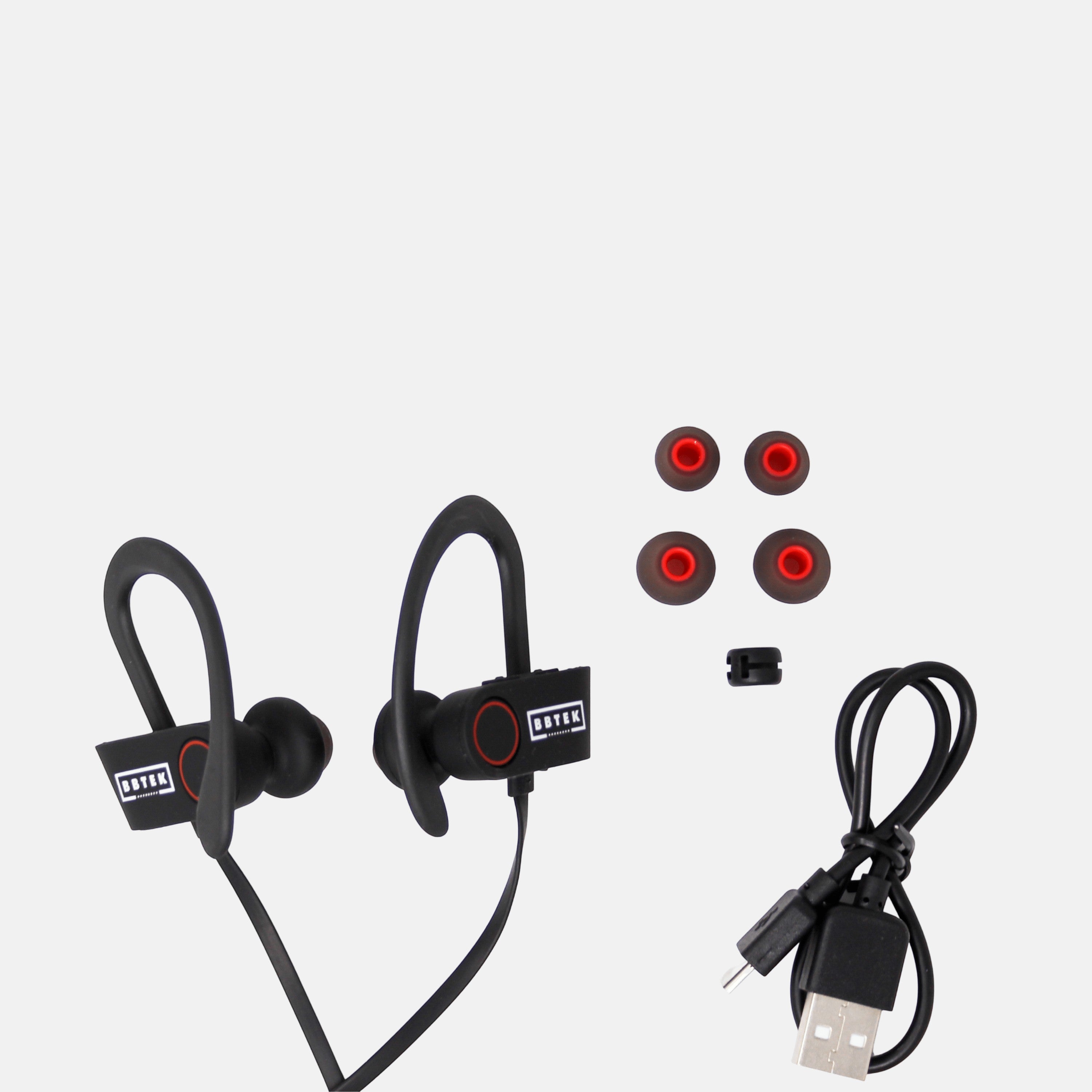 BirdieBox BBTEK black wireless earbuds with red accents, including charging cable and extra ear tips.