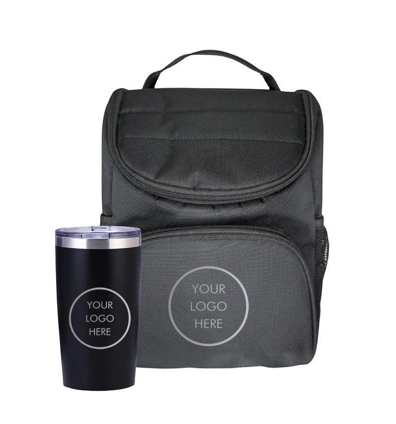 BirdieBox black insulated cooler bag with matching 20oz tumbler, perfect for on-the-go professionals.