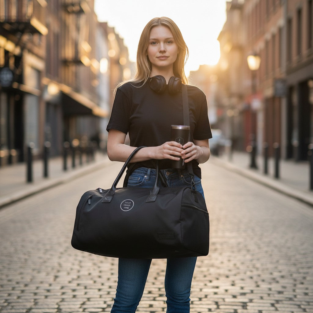 BirdieBox black garment duffle bag with tumbler and headphones, held by a woman on a cobblestone street.