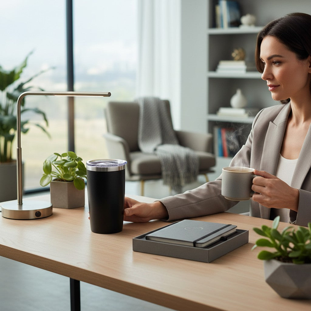 BirdieBox black insulated tumbler with silver rim and lid, next to a woman holding a coffee mug on a desk.