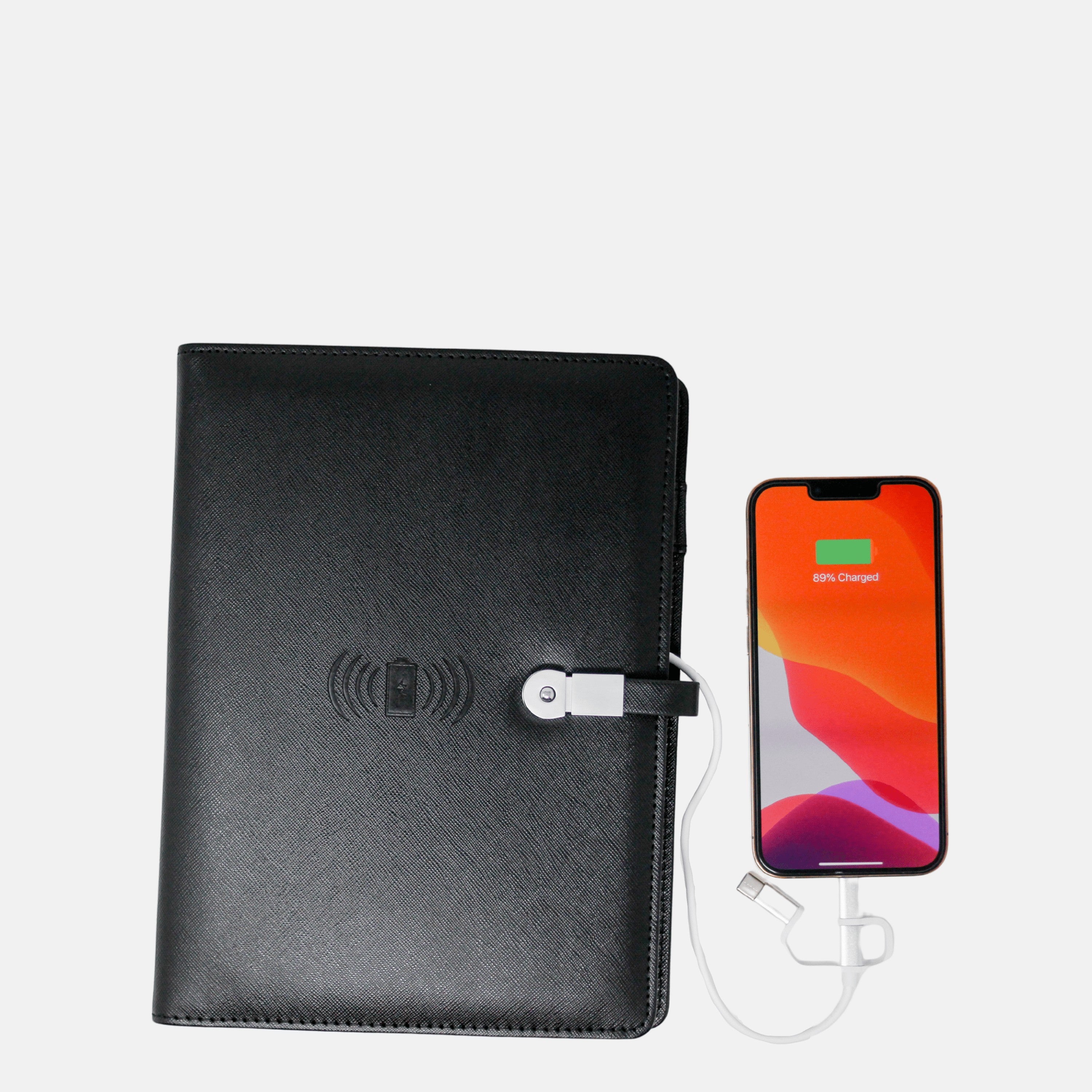 BirdieBox black synthetic leather Qi powerbank journal with hidden USB and charging phone