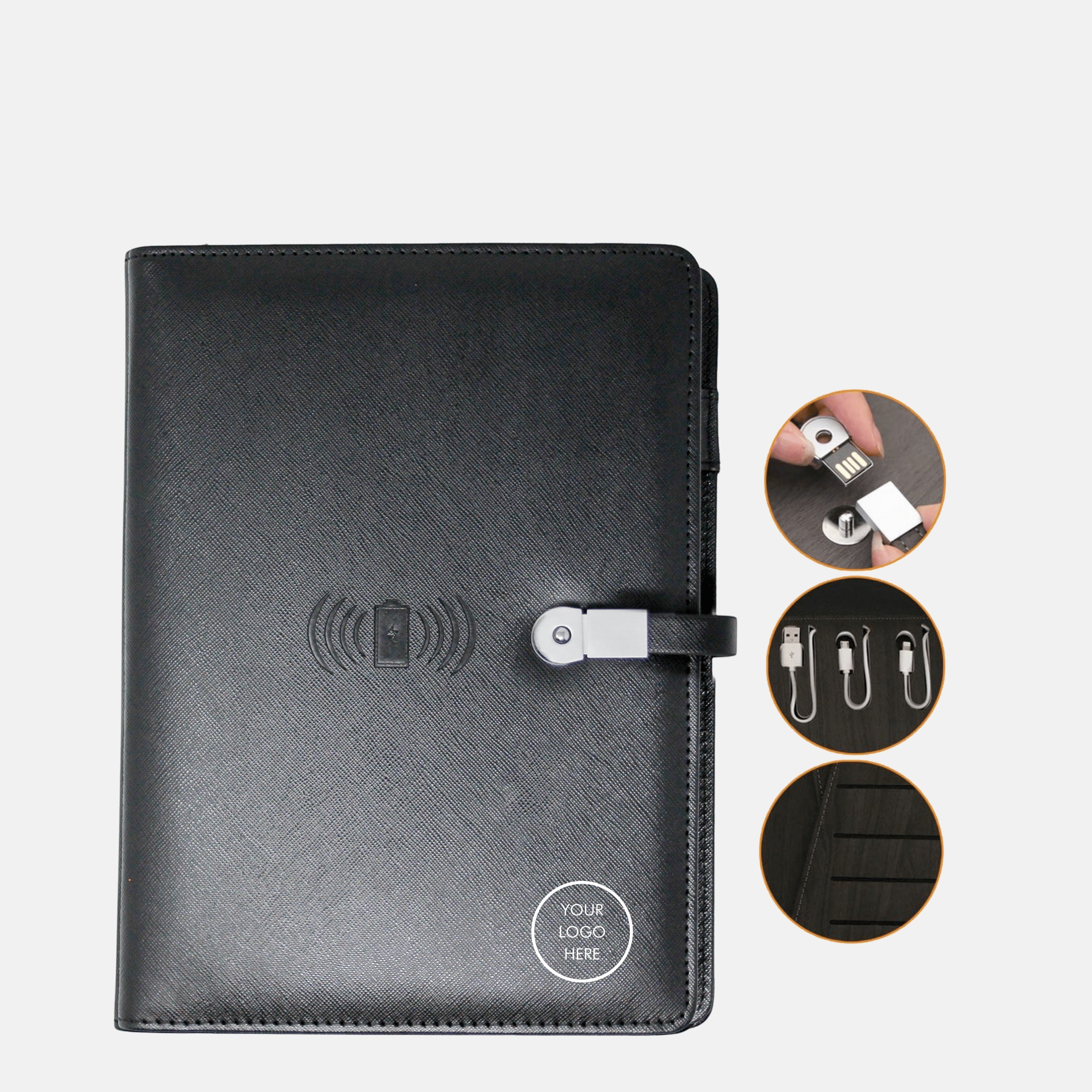 BirdieBox black synthetic leather Qi wireless charging journal with hidden USB and 6000 mAh power bank.