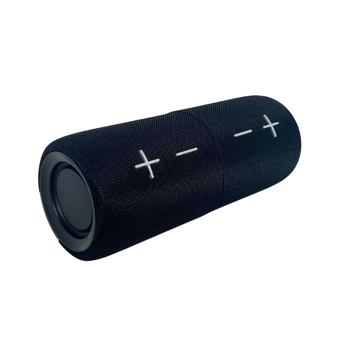 BirdieBox Duo Split Speaker, black, cylindrical, portable Bluetooth speaker with volume controls.