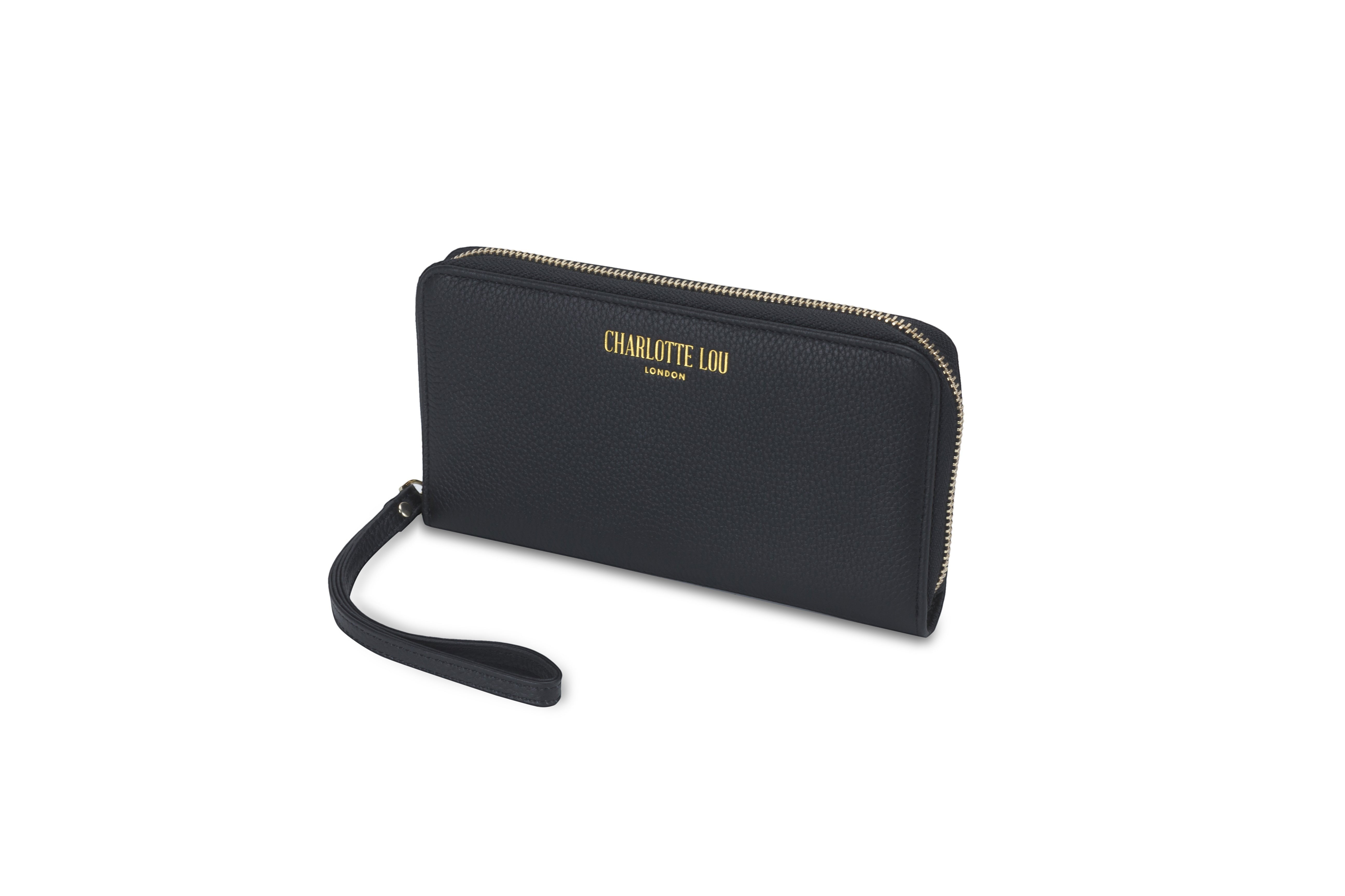 BirdieBox Charlotte Lou black vegan leather Oxford clutch with wrist strap and gold zipper.