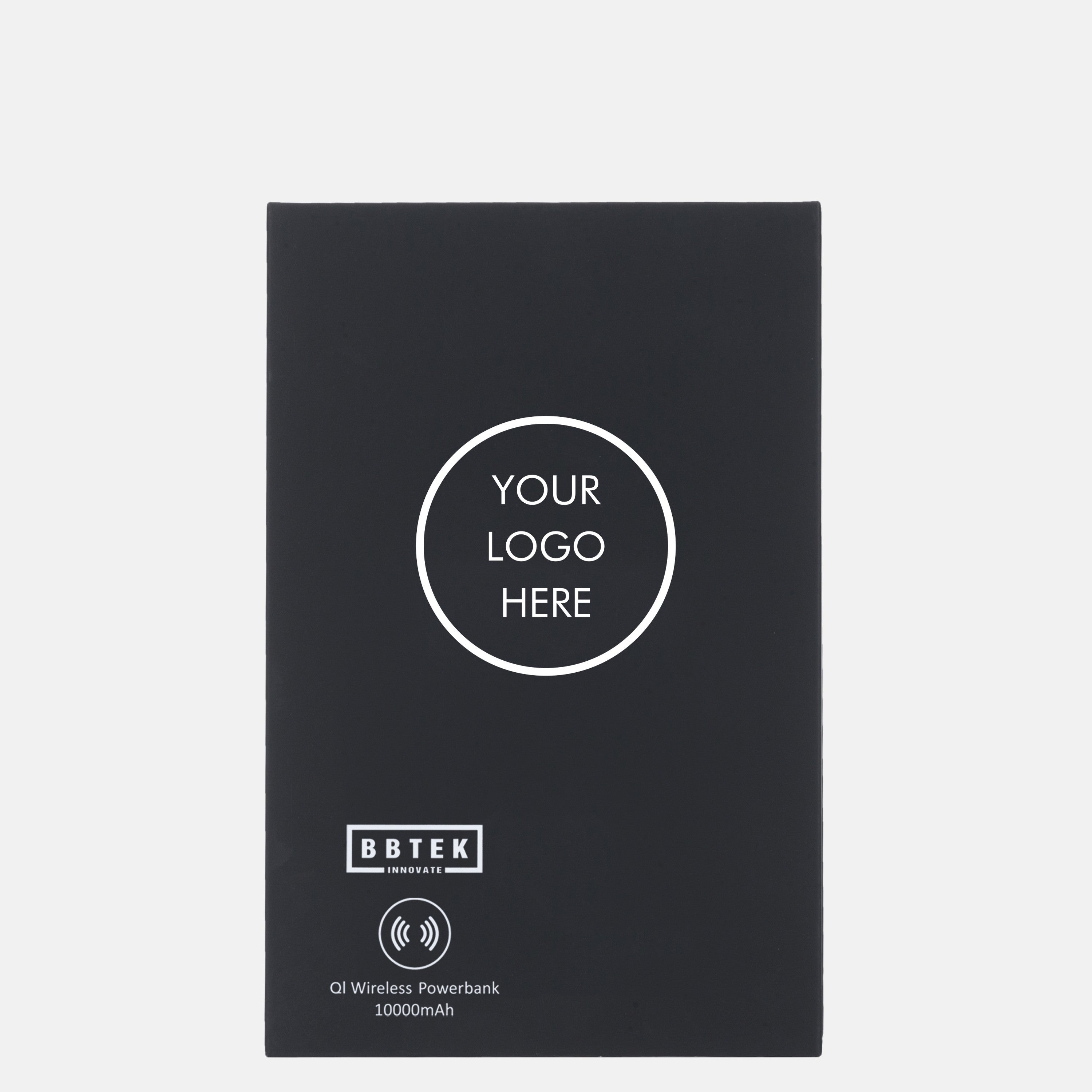 BirdieBox black Qi wireless 10,000 mAh powerbank with LED display and customizable logo area.
