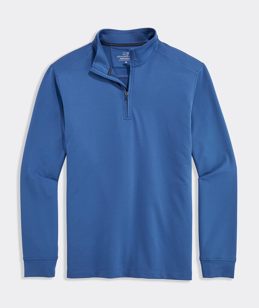 BirdieBox blue performance quarter-zip pullover with UPF 50+ sun protection and moisture-wicking fabric.