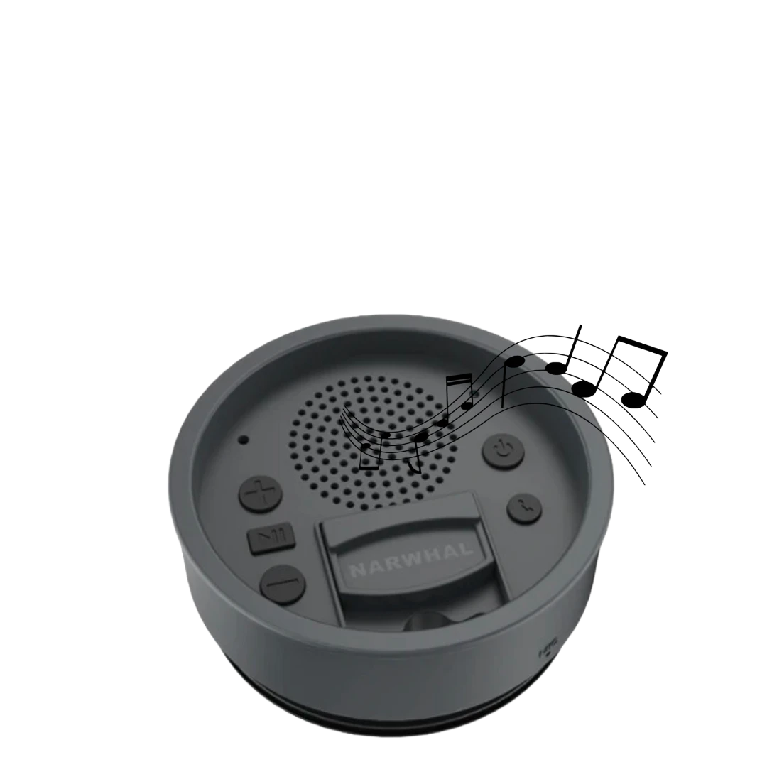 BirdieBox grey portable Bluetooth speaker tumbler lid with music notes graphic. Features volume and play/pause buttons.