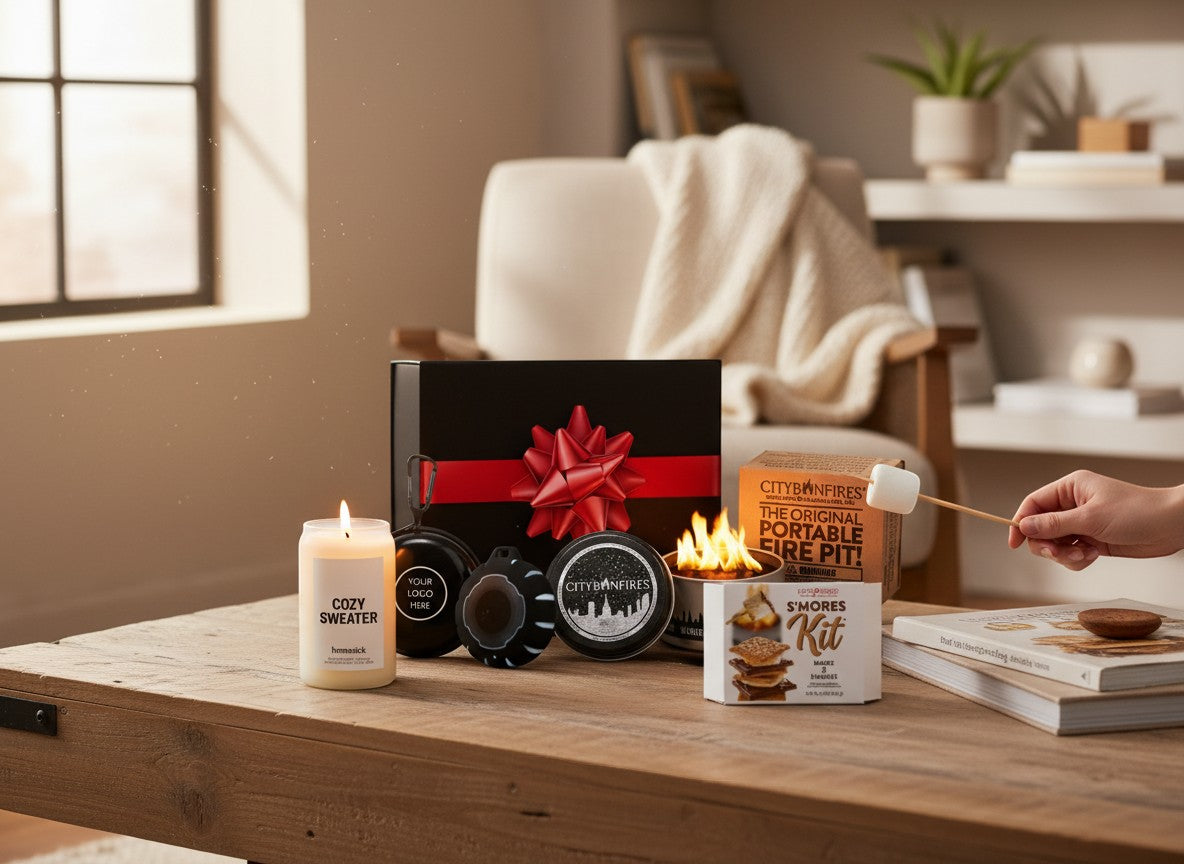 BirdieBox Outdoor Bonfire and Smores Gift Set with portable fire pit, s'mores kit, candle, and gift box.