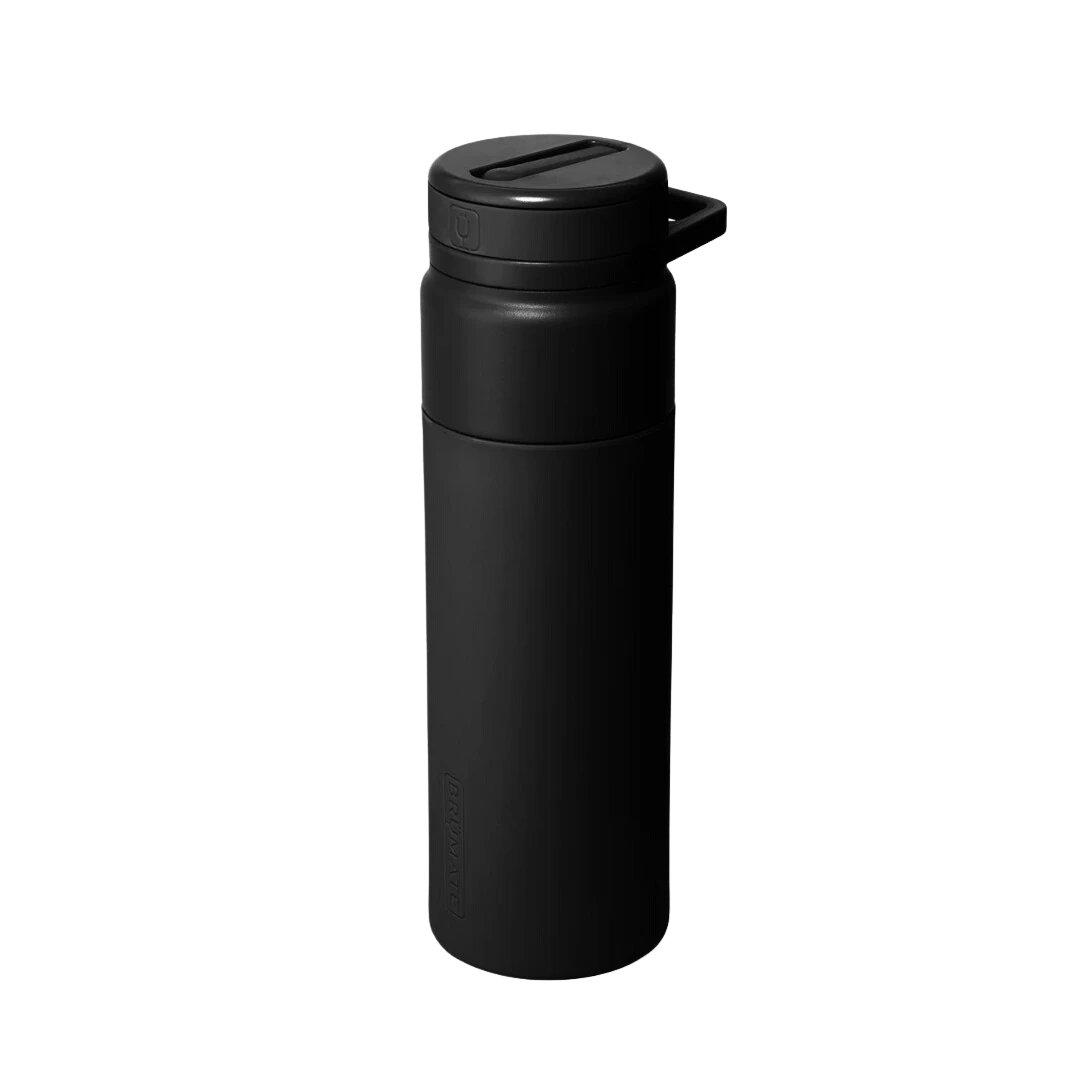 BirdieBox Brumate Rotera 25oz black insulated water bottle with TwistSip straw lid and textured sleeve.