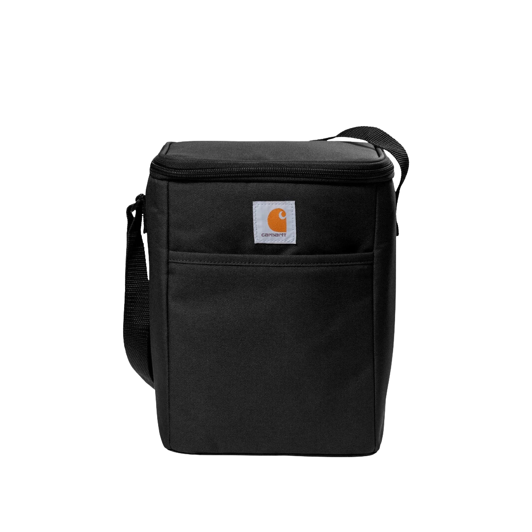 BirdieBox Carhartt black 12-can vertical insulated cooler bag with adjustable strap and front pocket.