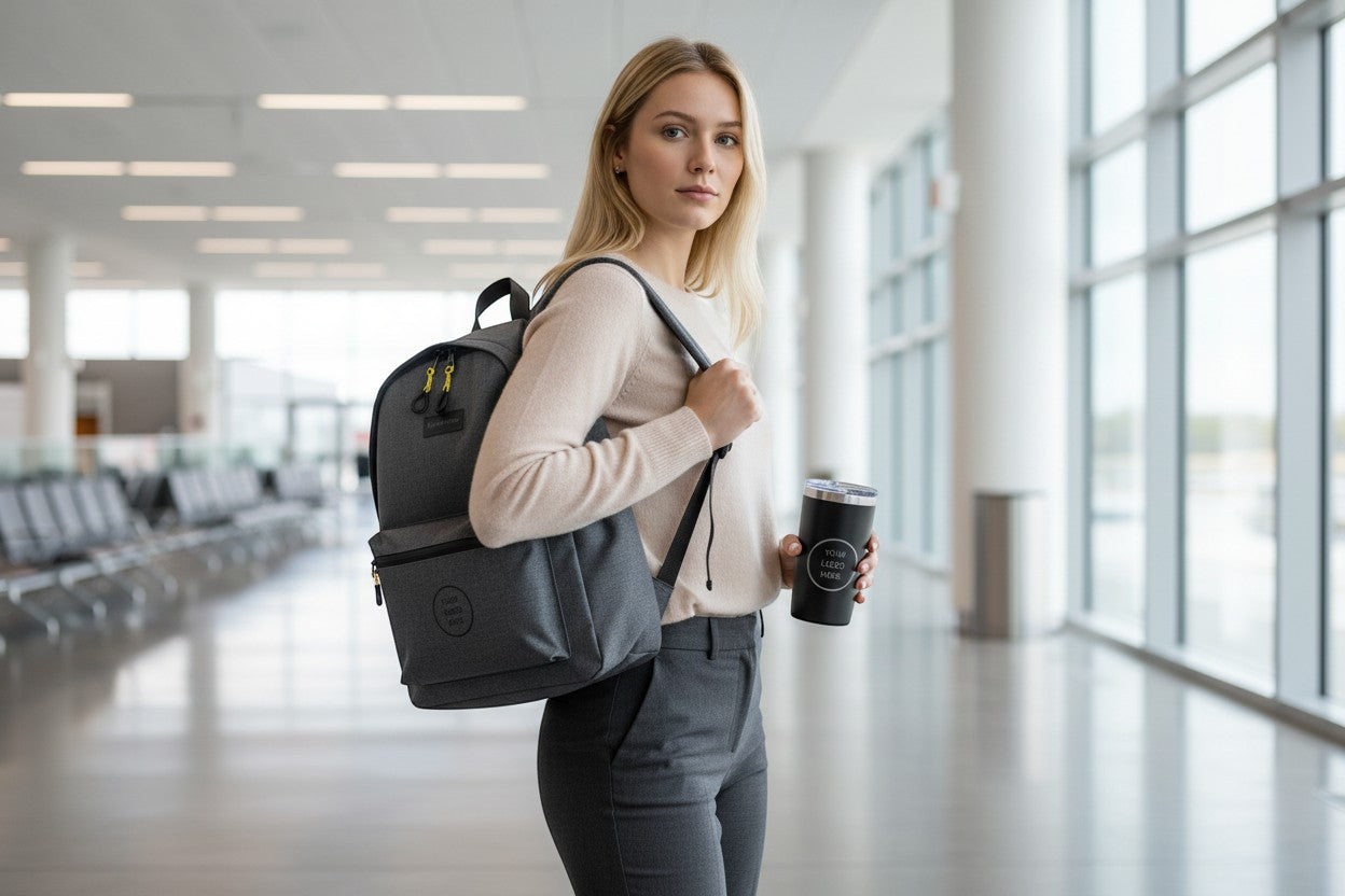 BirdieBox charcoal grey backpack with insulated tumbler, held by a woman in an airport terminal.