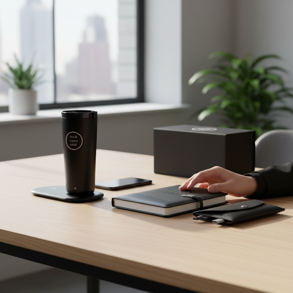 BirdieBox Charged Up Gift Set: Black travel mug with wireless charging, journal with powerbank, and phone on a desk.